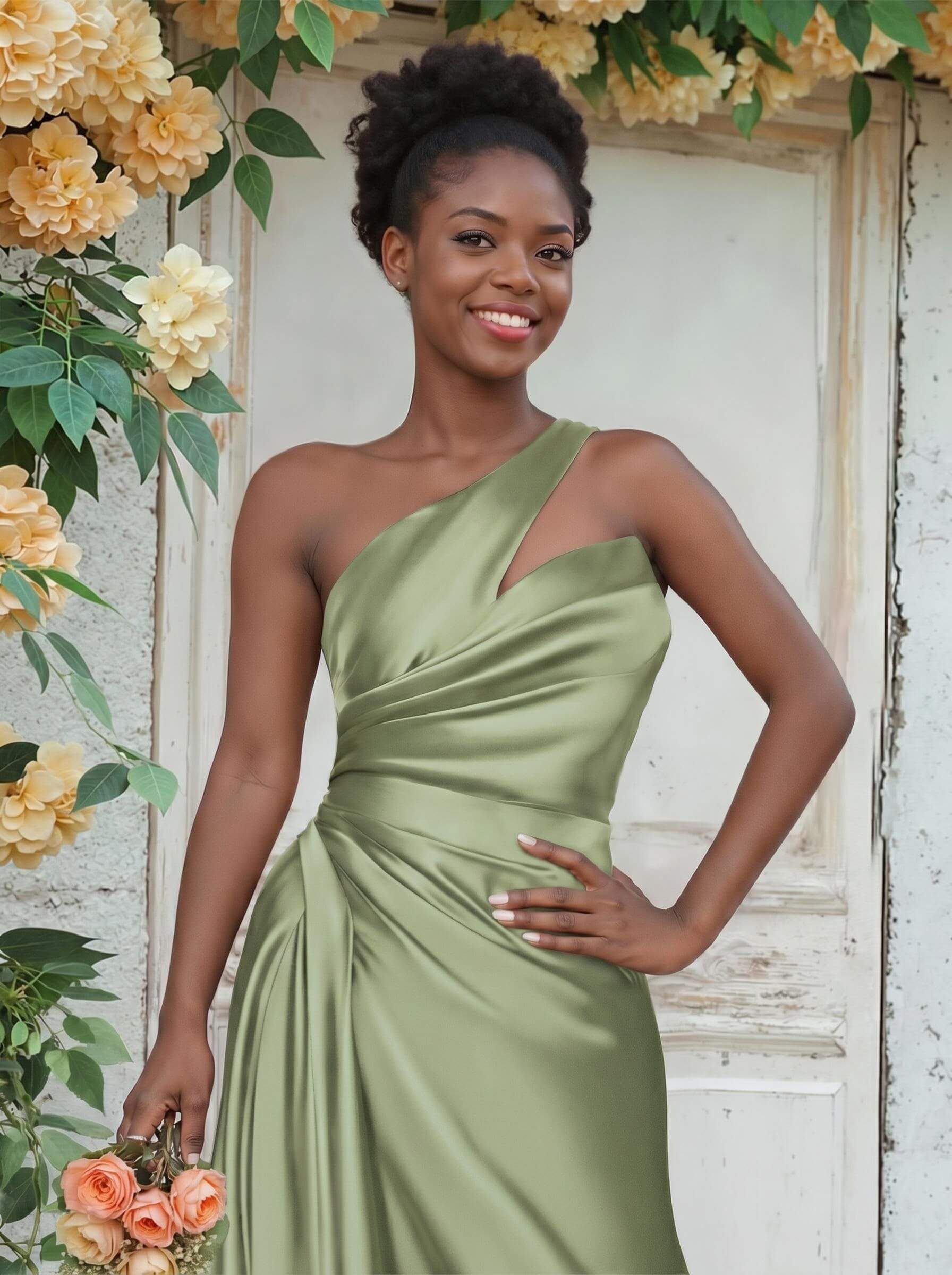 Sheath/Column One-Shoulder Silk Like Satin Bridesmaid Dresses With Ruffle, product image 34