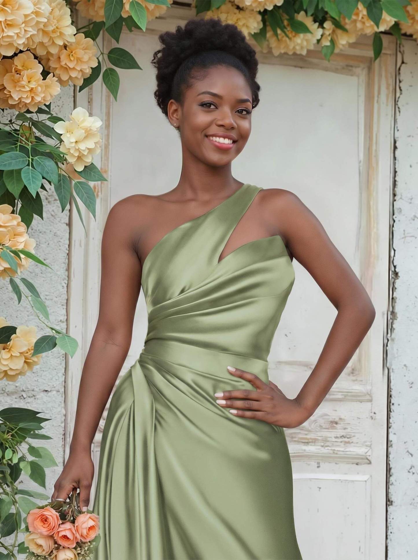 Sheath/Column One-Shoulder Silk Like Satin Bridesmaid Dresses With Ruffle, product image 34