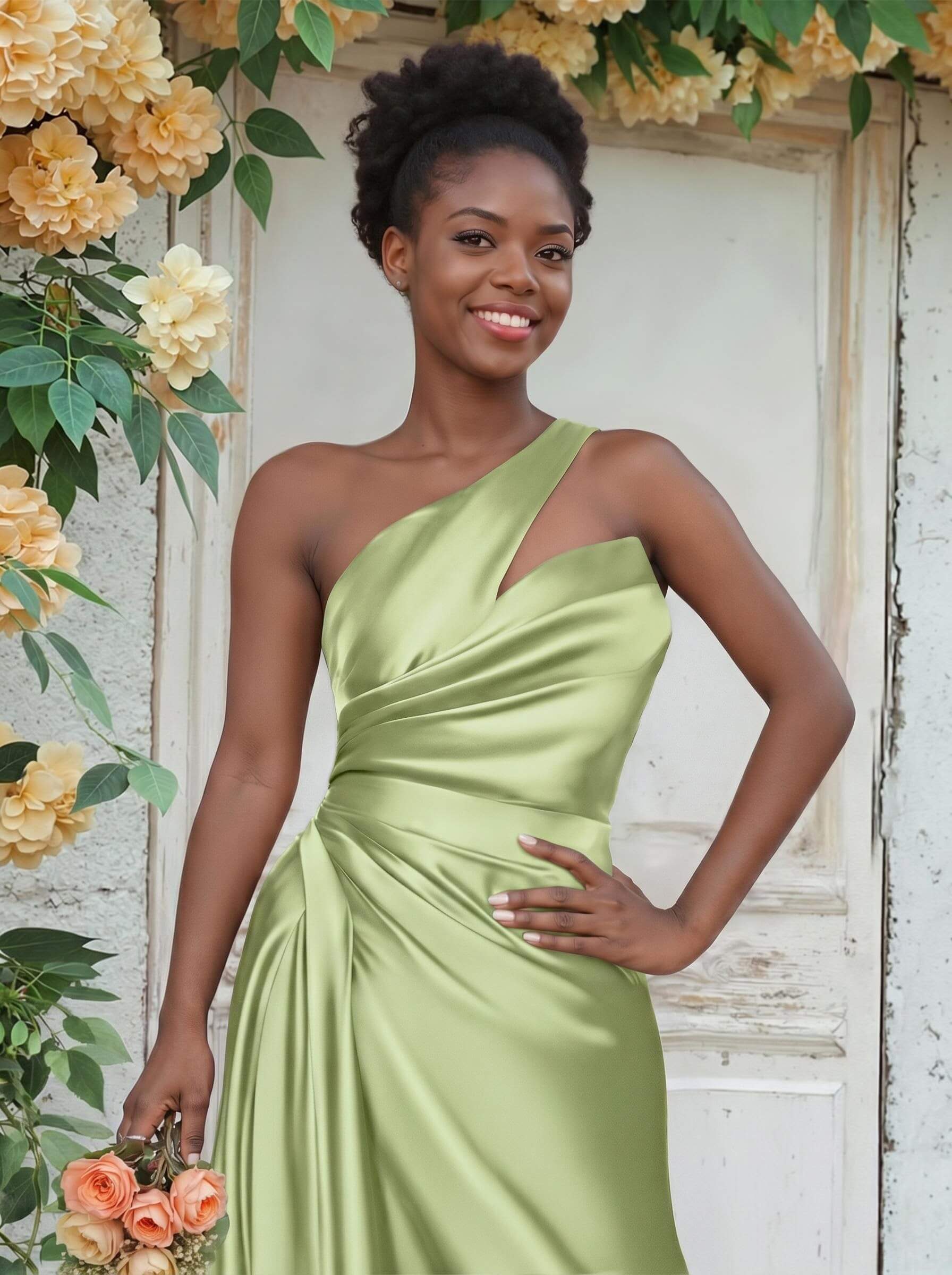 Sheath/Column One-Shoulder Silk Like Satin Bridesmaid Dresses With Ruffle, product image 249