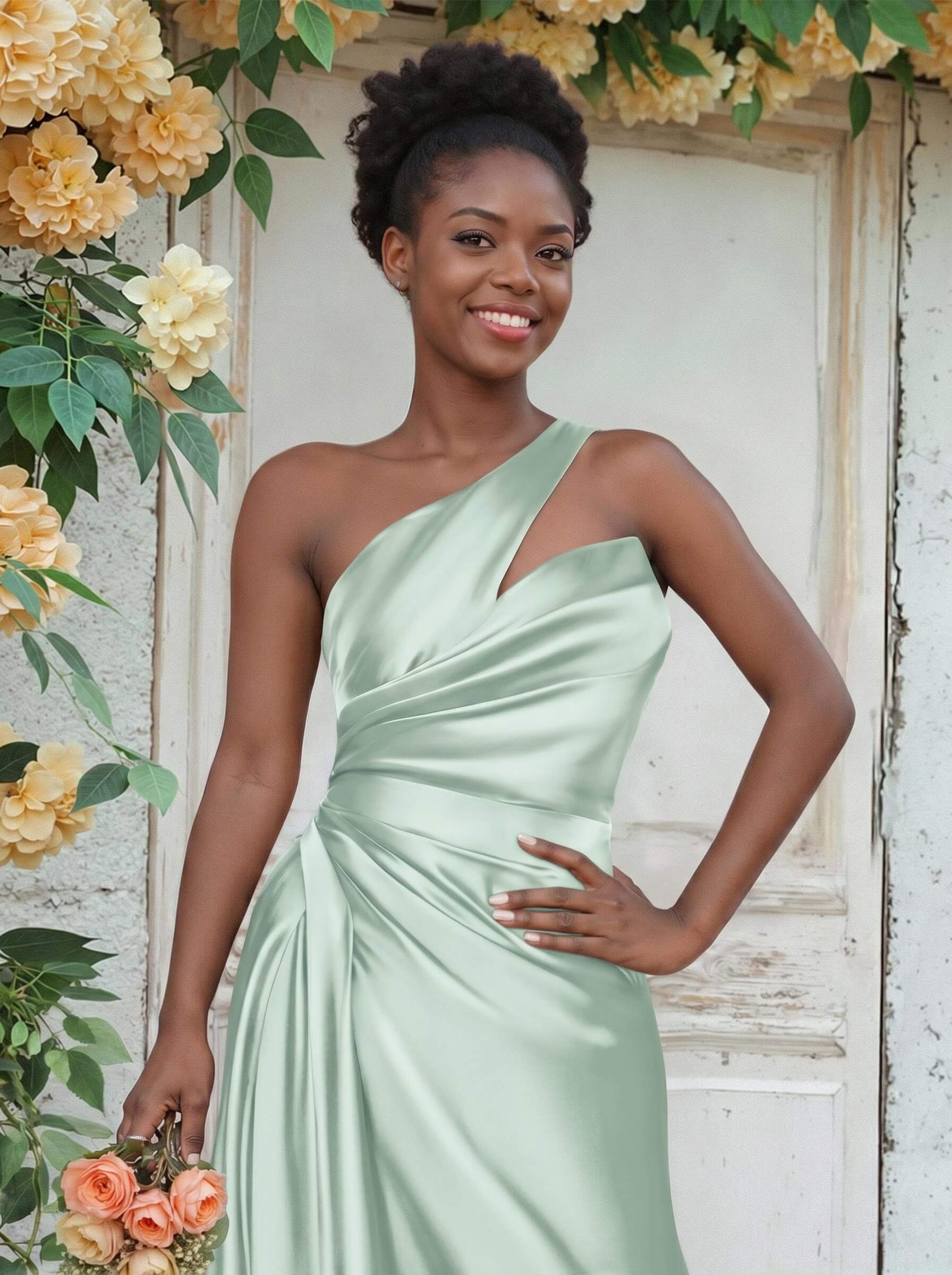 Sheath/Column One-Shoulder Silk Like Satin Bridesmaid Dresses With Ruffle, product image 204