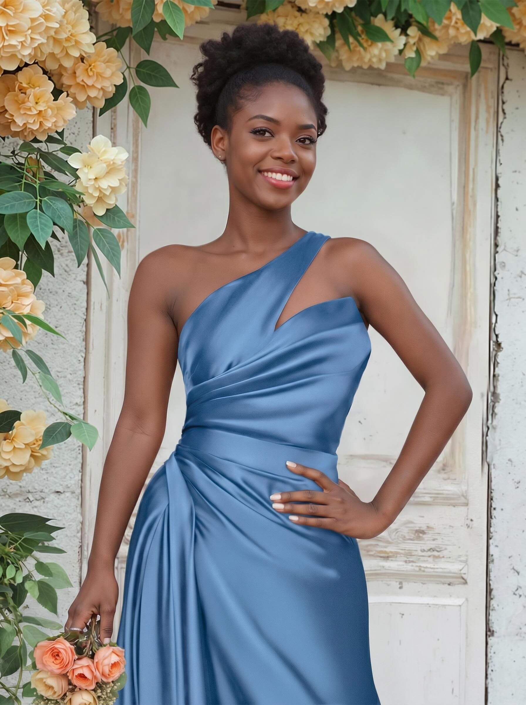 Sheath/Column One-Shoulder Silk Like Satin Bridesmaid Dresses With Ruffle, product image 39
