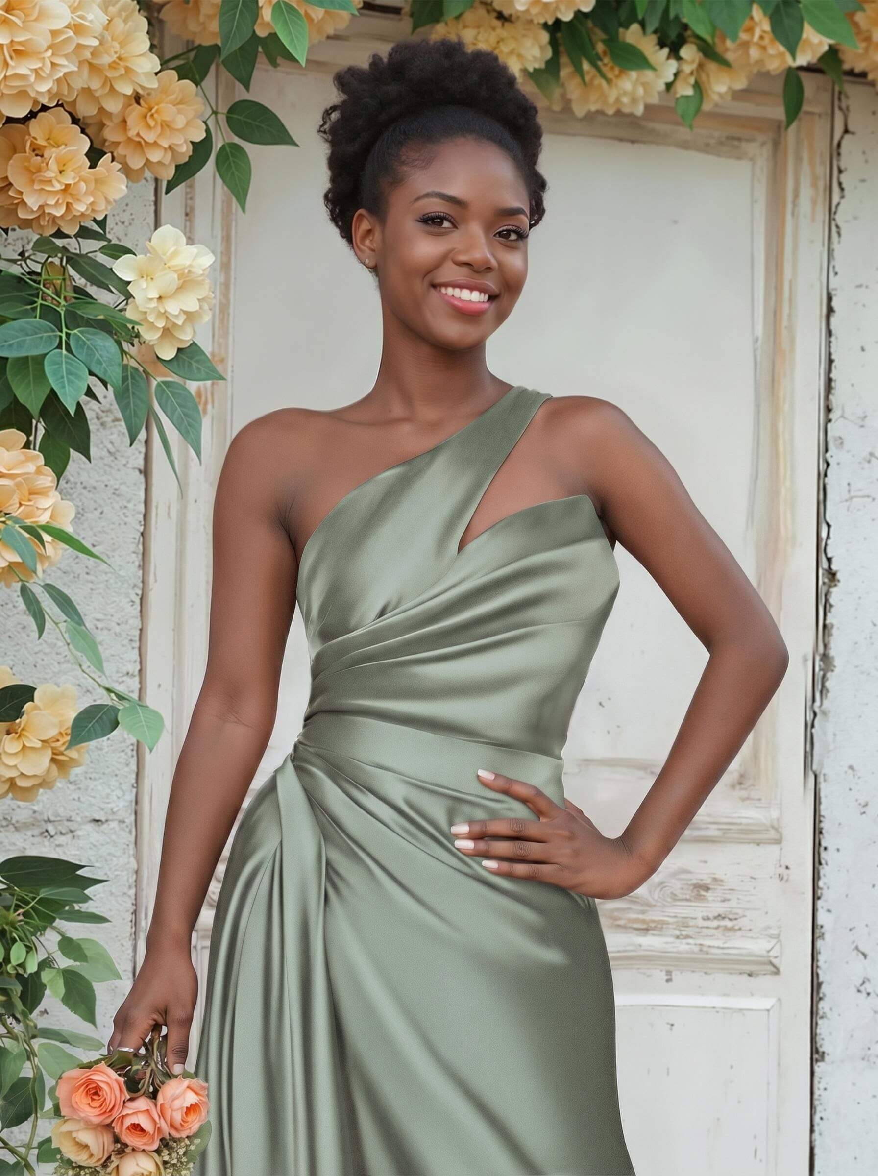 Sheath/Column One-Shoulder Silk Like Satin Bridesmaid Dresses With Ruffle, product image 104