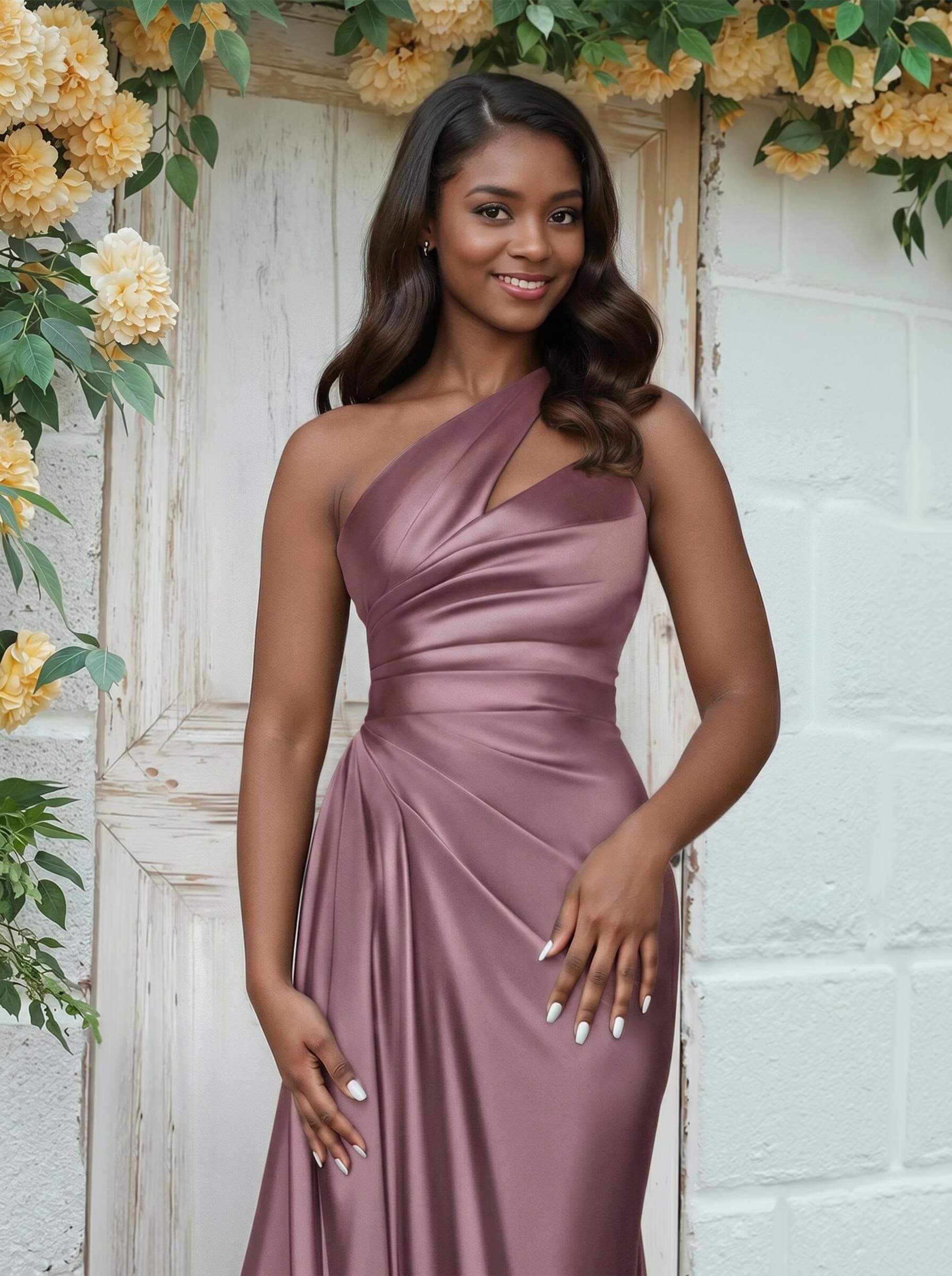 Sheath/Column One-Shoulder Silk Like Satin Bridesmaid Dresses With Ruffle, product image 95