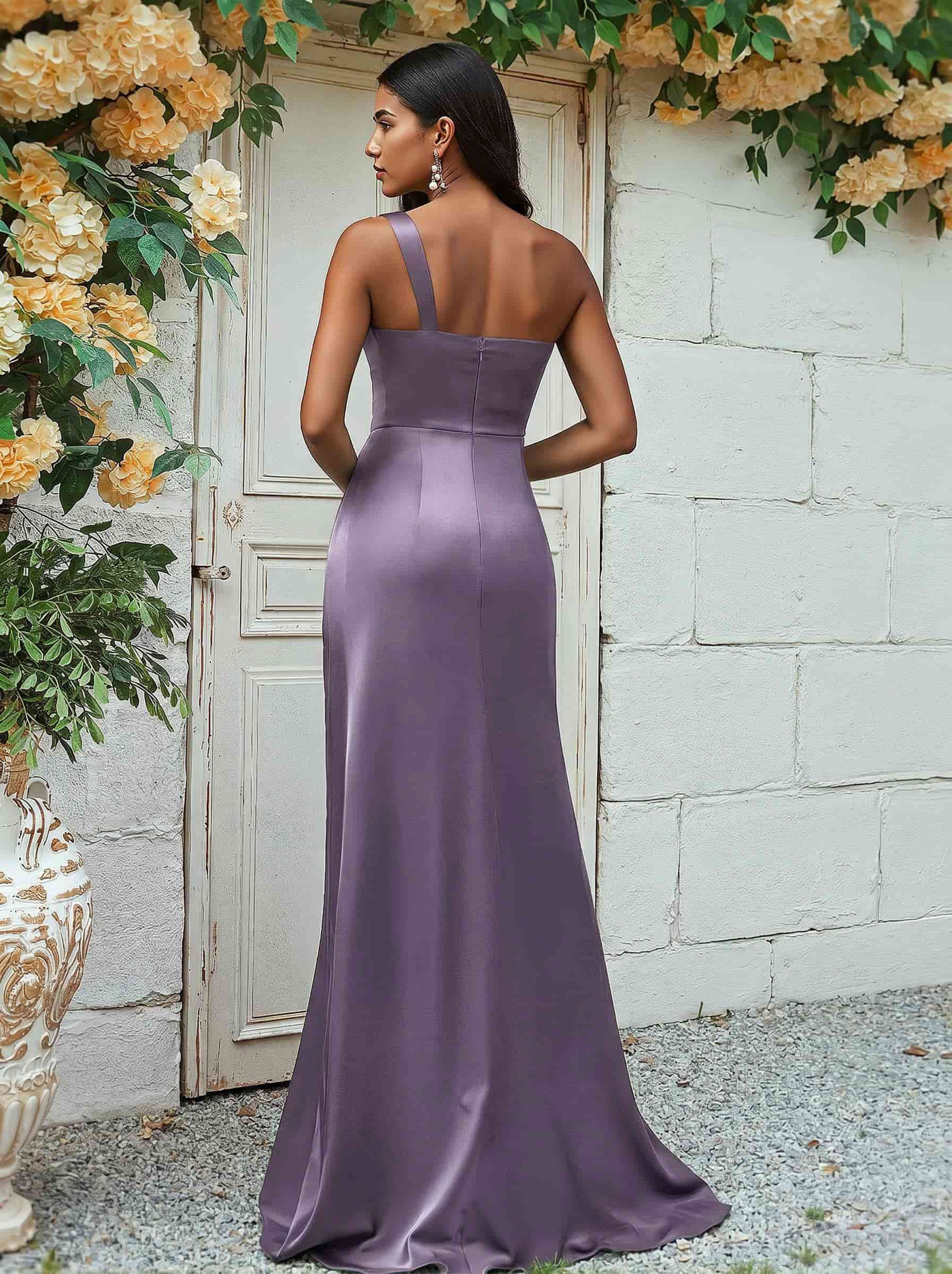 Sheath/Column One-Shoulder Silk Like Satin Bridesmaid Dresses With Ruffle, product image 53