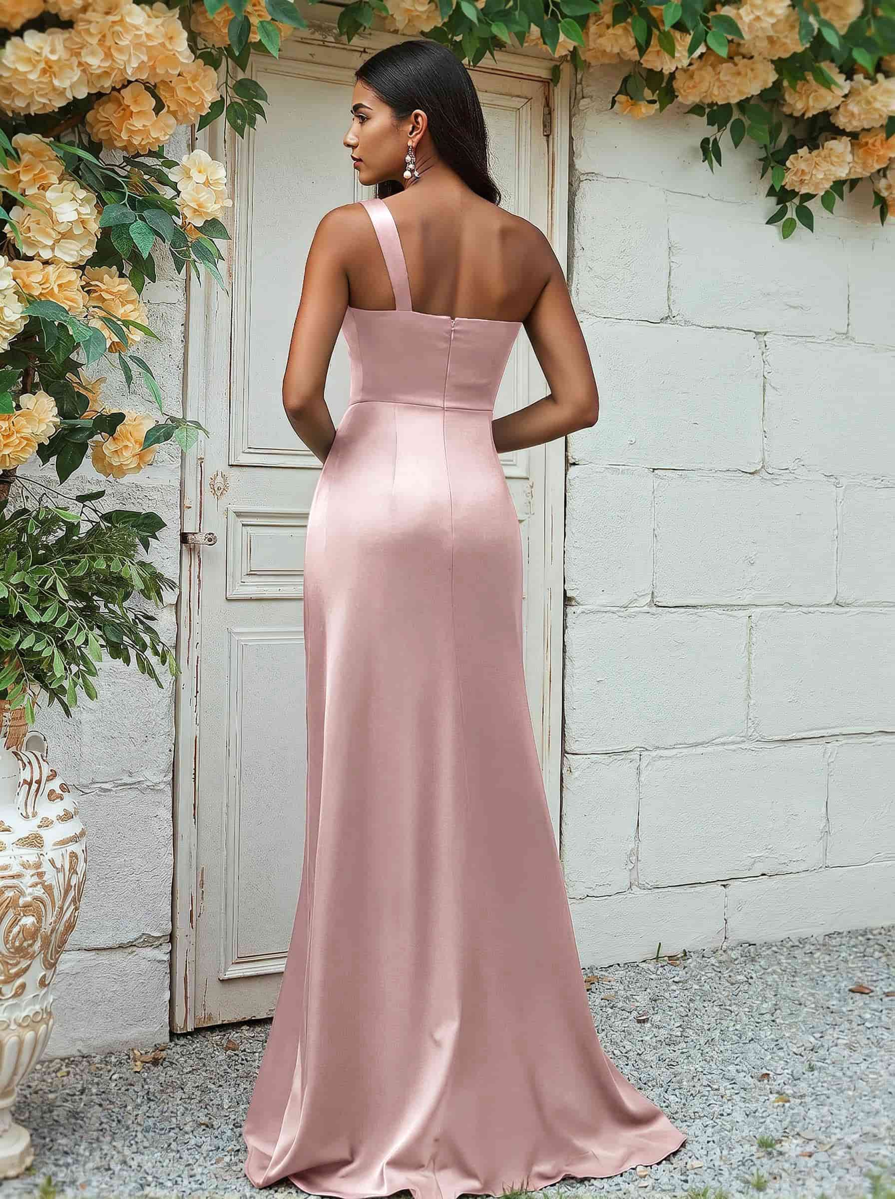 Sheath/Column One-Shoulder Silk Like Satin Bridesmaid Dresses With Ruffle, product image 8