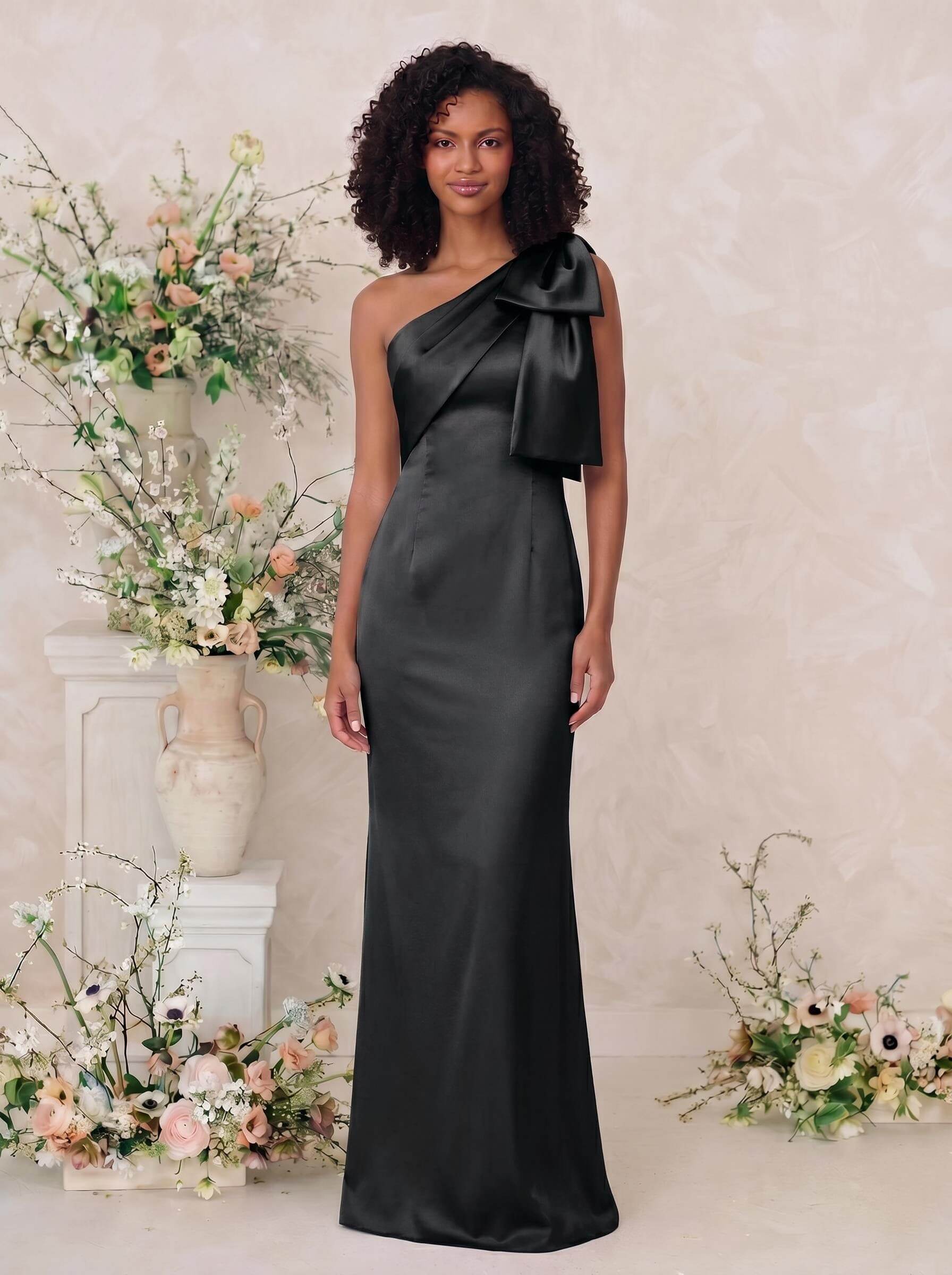 Sheath/Column One-Shoulder Satin Bridesmaid Dresses With Bow(s), product image 3