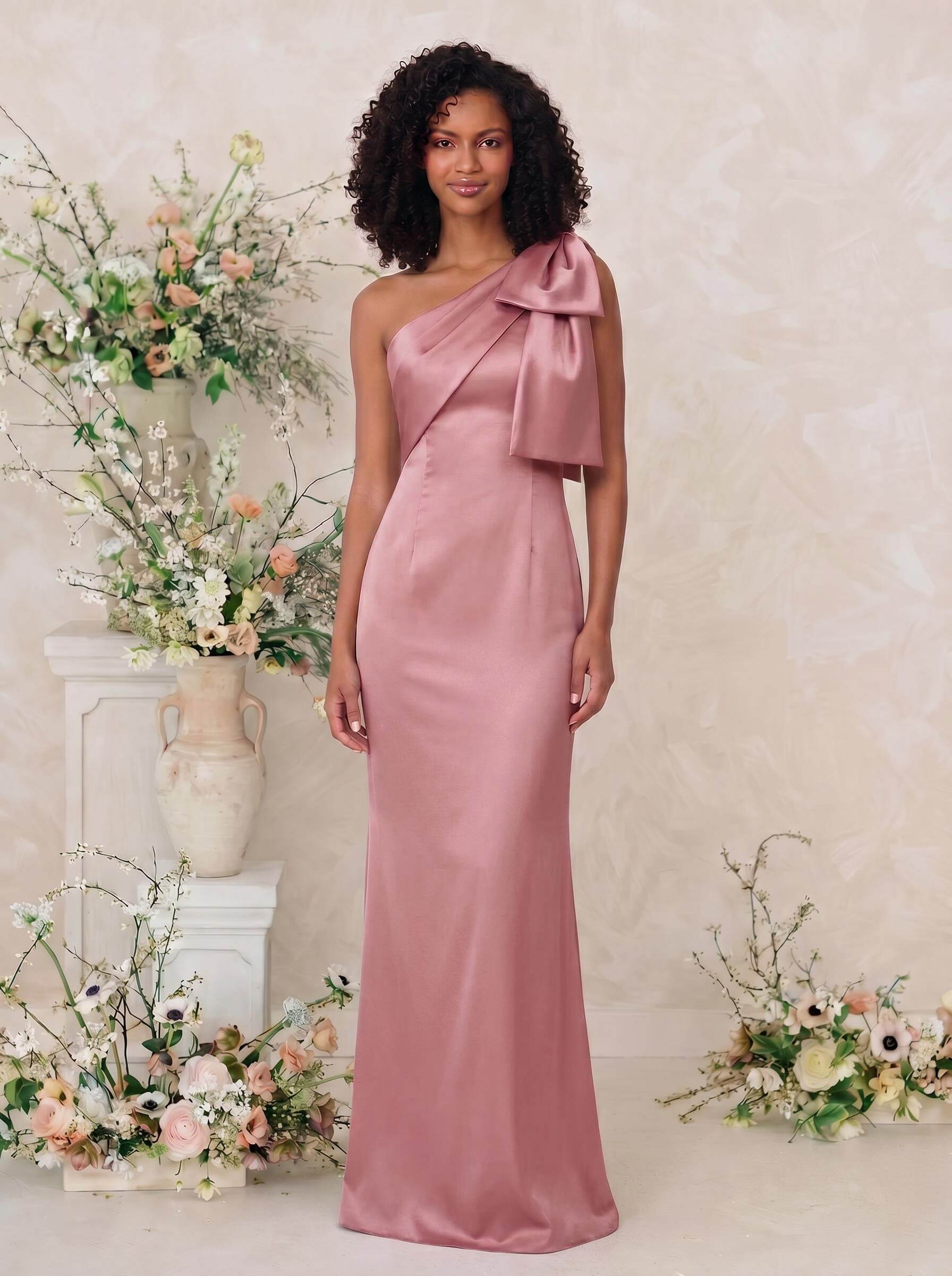 Sheath/Column One-Shoulder Satin Bridesmaid Dresses With Bow(s), product image 35