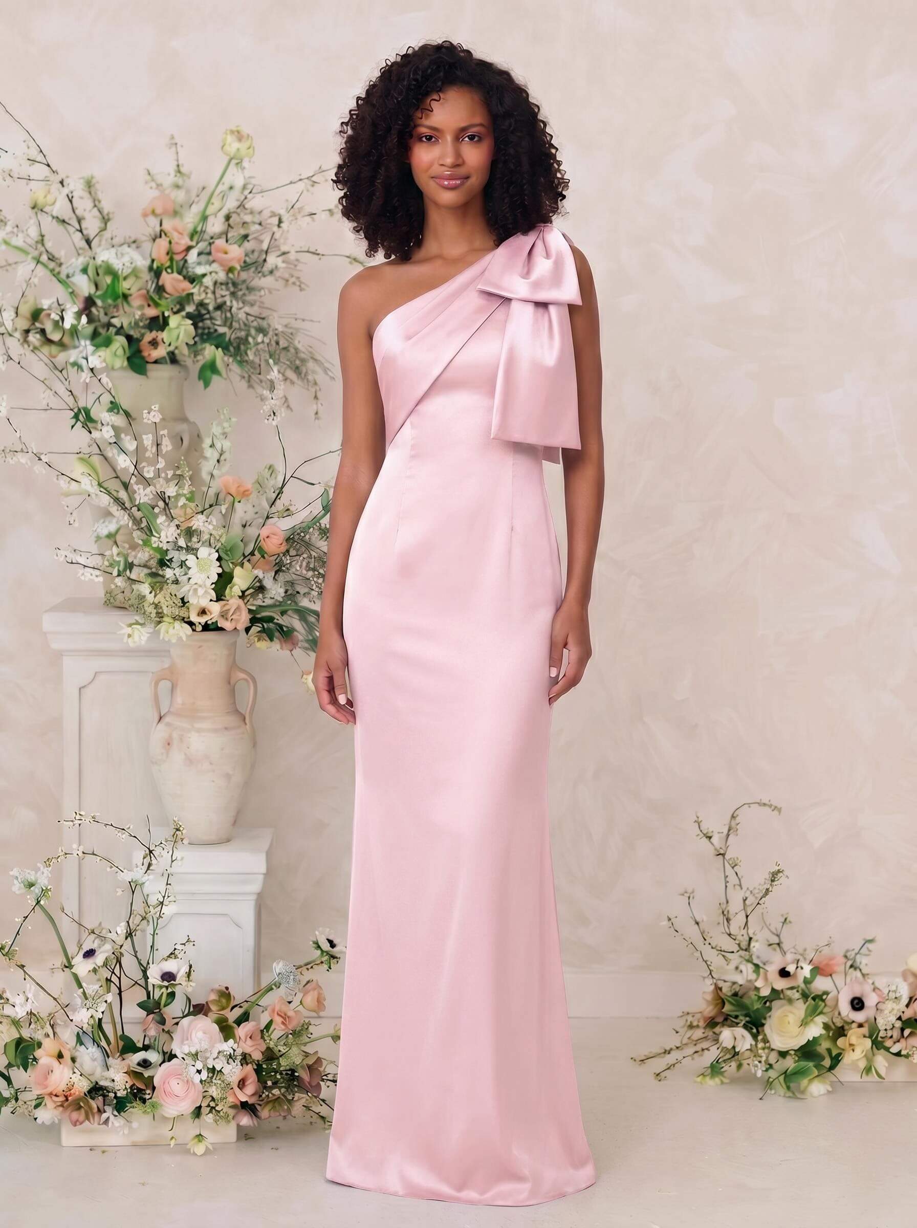 Sheath/Column One-Shoulder Satin Bridesmaid Dresses With Bow(s), product image 41