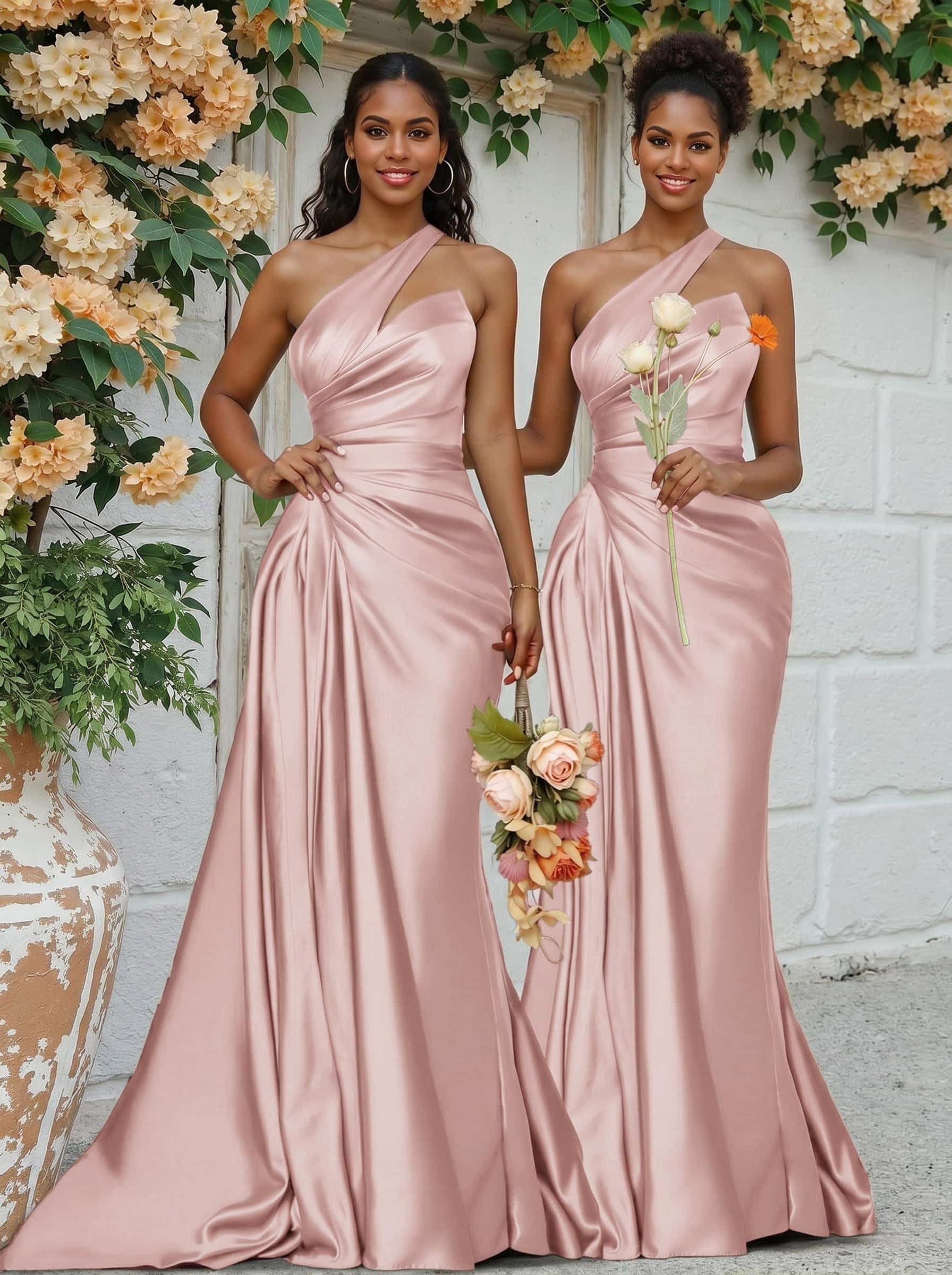 Sheath/Column One-Shoulder Silk Like Satin Bridesmaid Dresses With Ruffle, product image 7