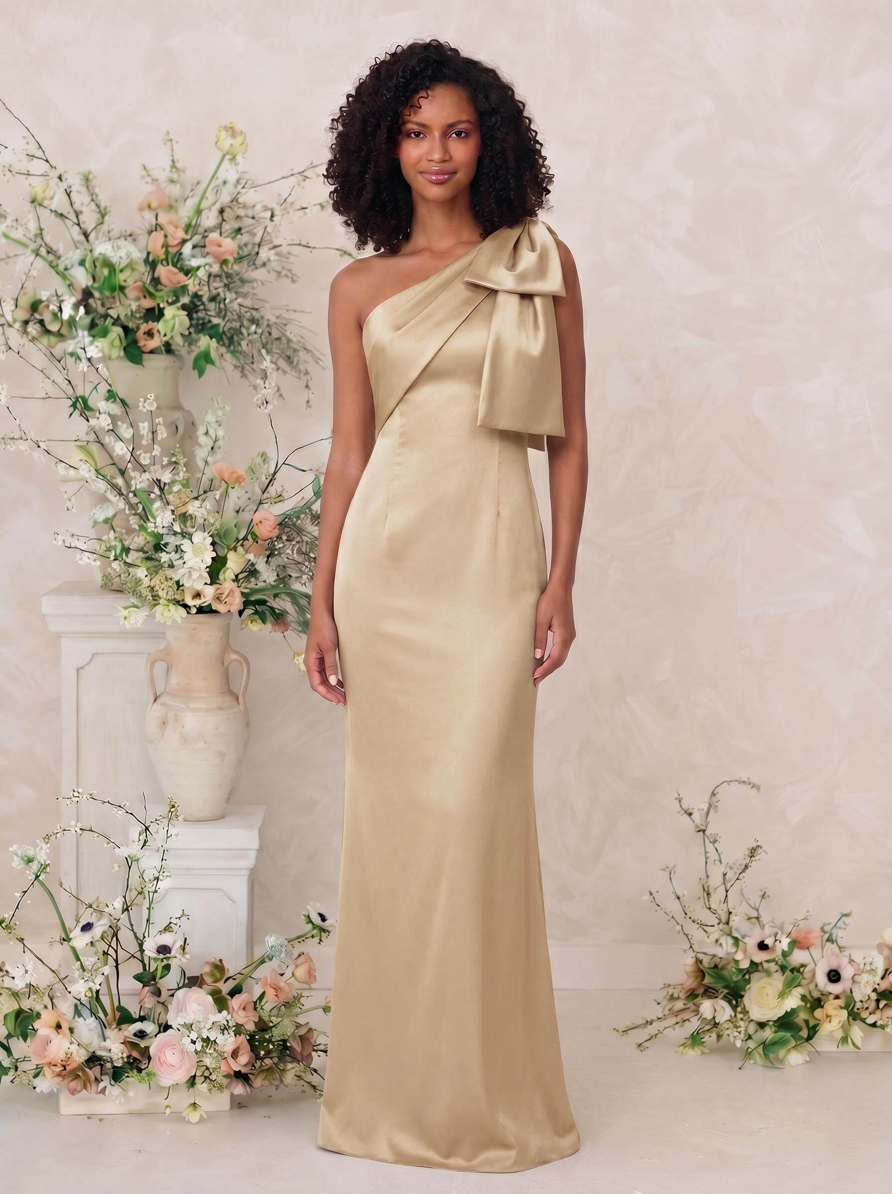 Sheath/Column One-Shoulder Satin Bridesmaid Dresses With Bow(s), product image 5