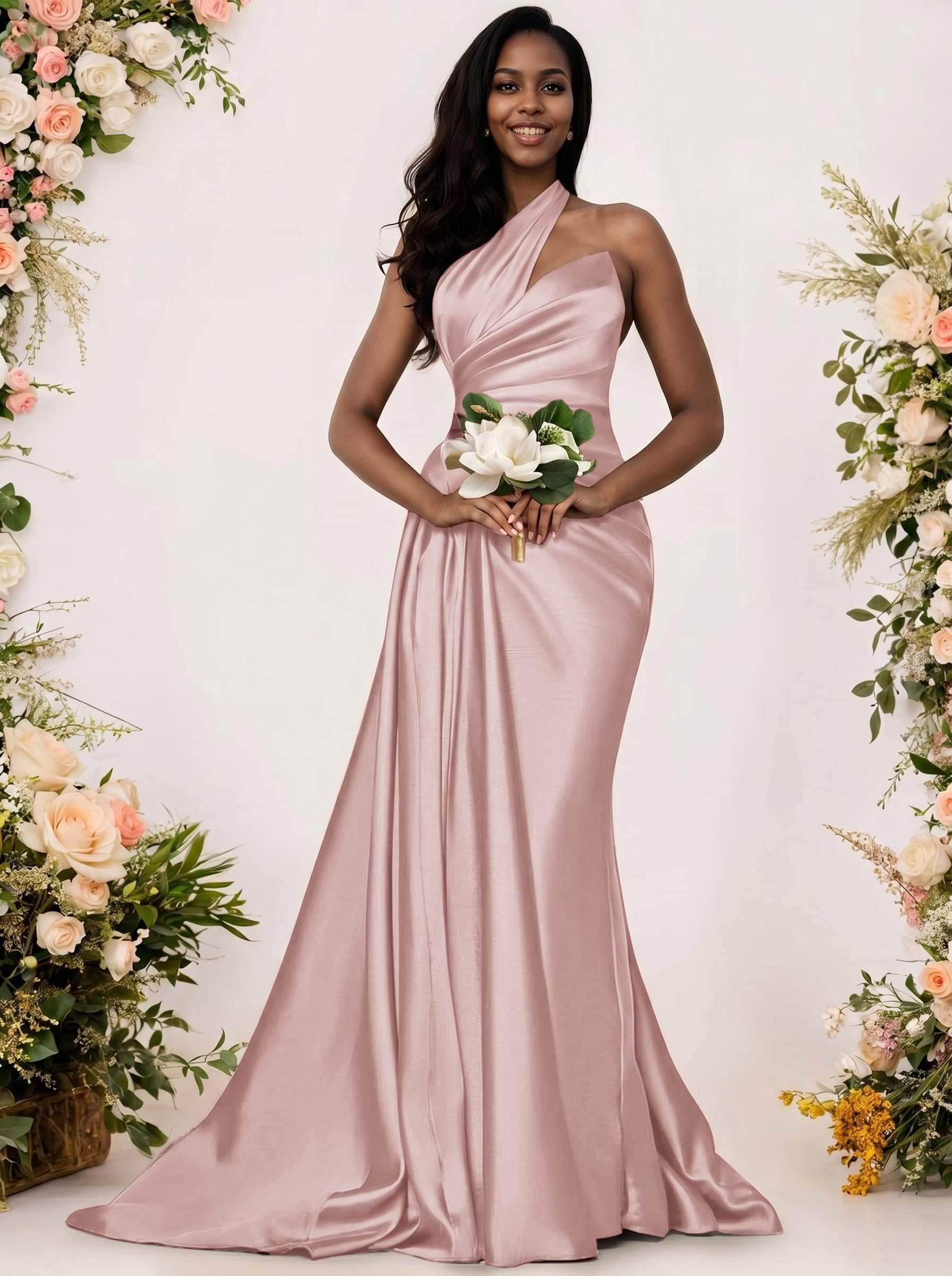 Sheath/Column One-Shoulder Silk Like Satin Bridesmaid Dresses With Ruffle, product image 6