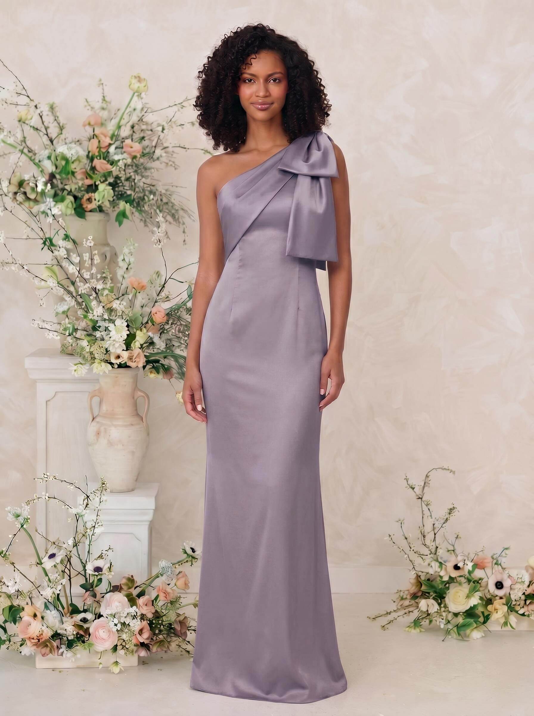 Sheath/Column One-Shoulder Satin Bridesmaid Dresses With Bow(s), product image 65