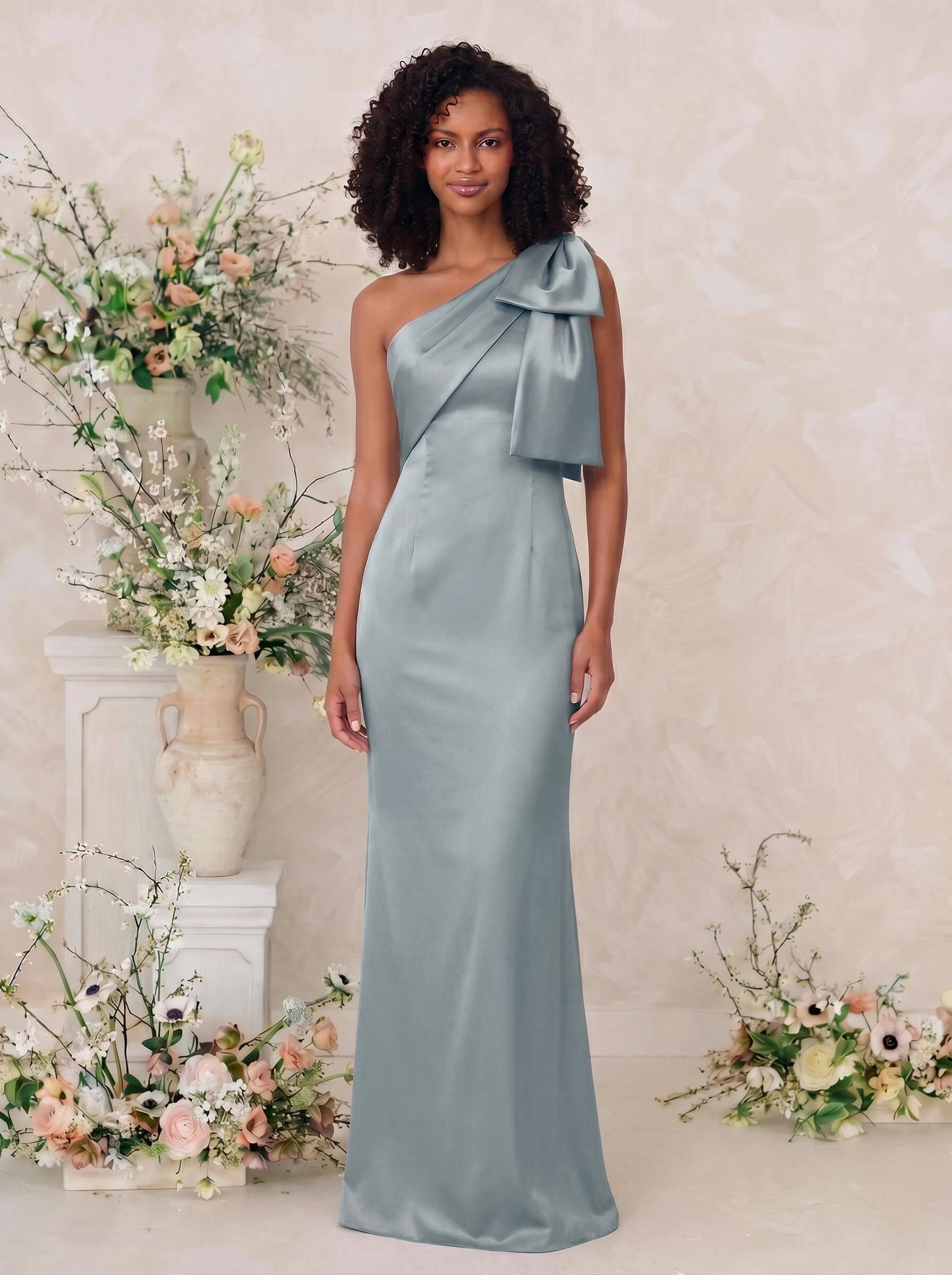 Sheath/Column One-Shoulder Satin Bridesmaid Dresses With Bow(s), product image 17
