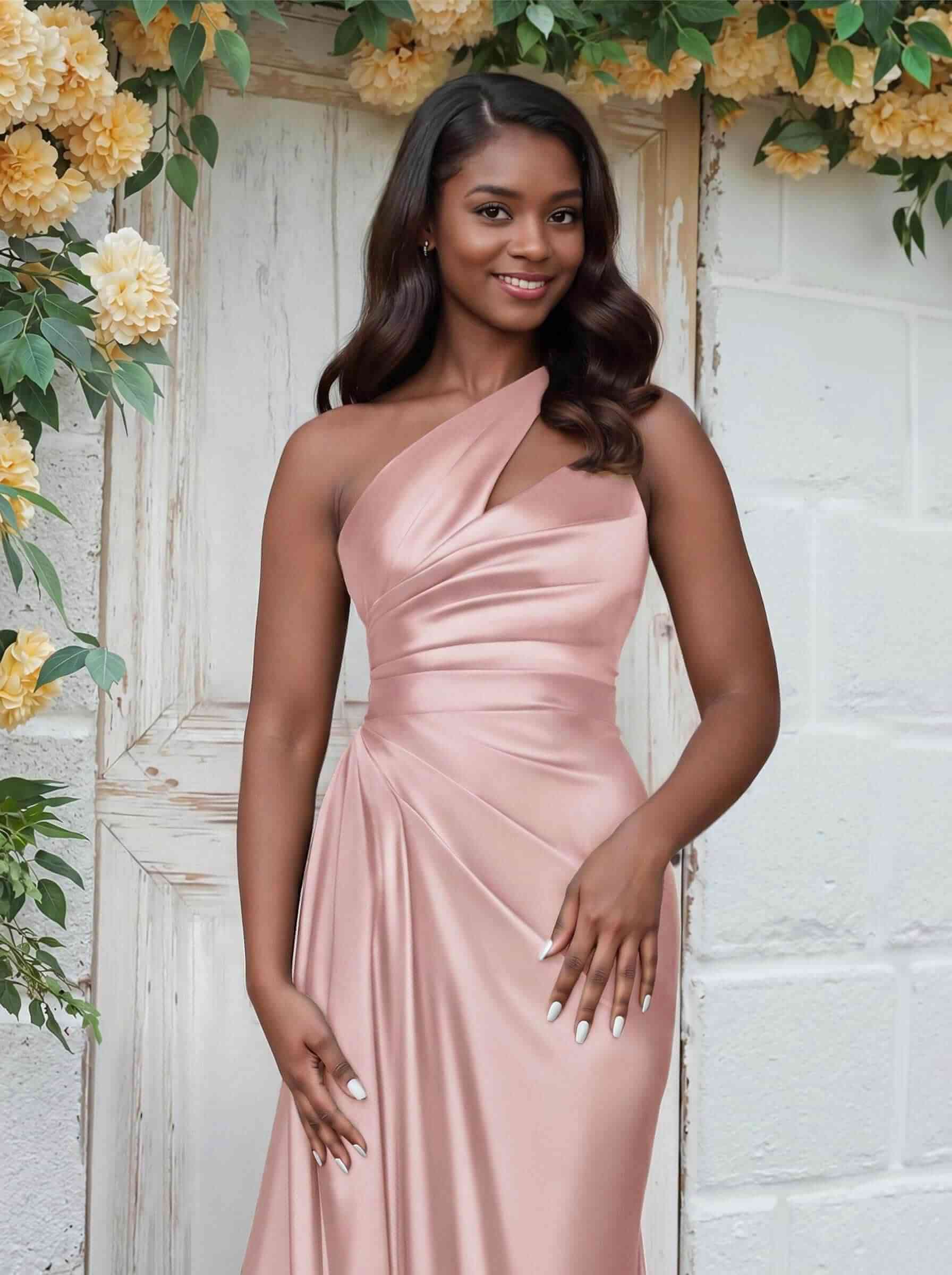 Sheath/Column One-Shoulder Silk Like Satin Bridesmaid Dresses With Ruffle, product image 10
