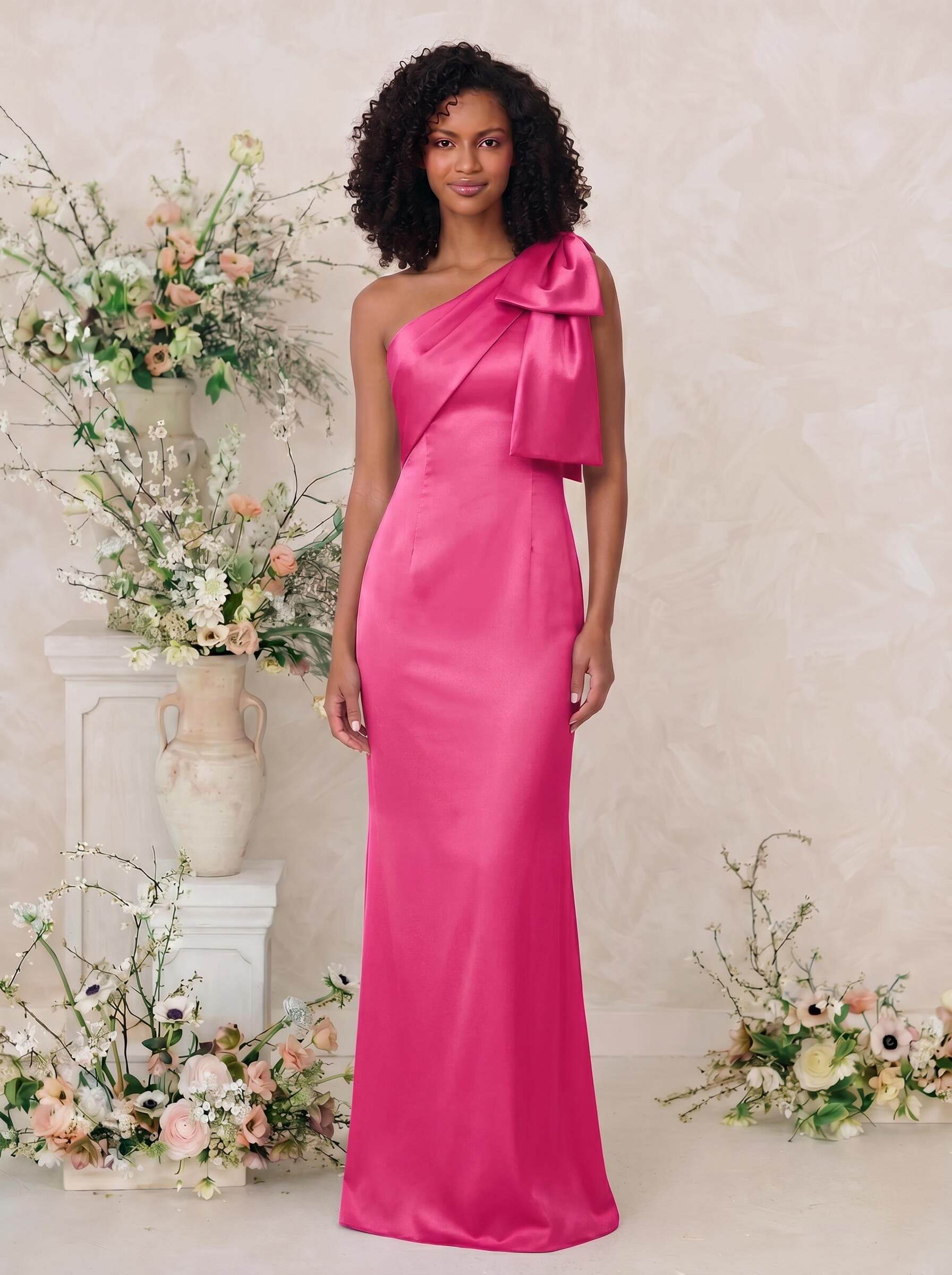 Sheath/Column One-Shoulder Satin Bridesmaid Dresses With Bow(s), product image 31