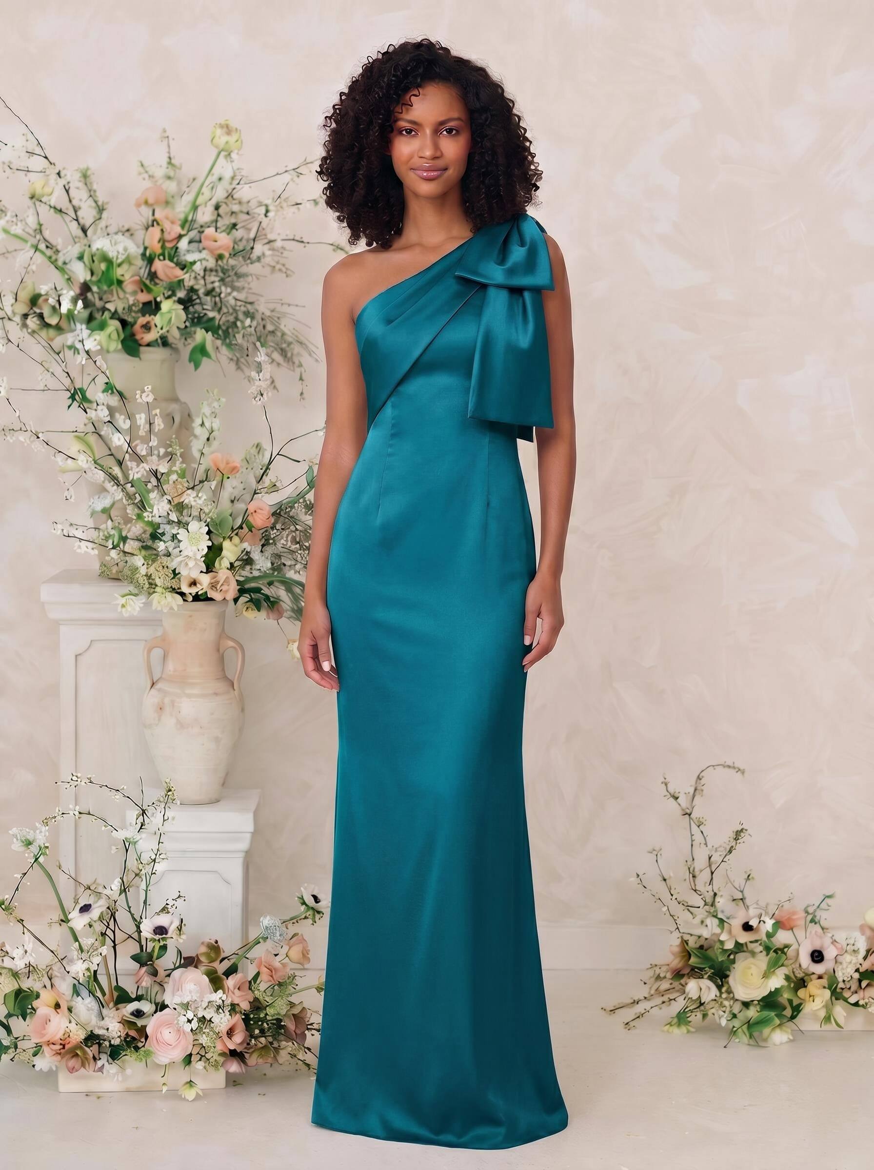 Sheath/Column One-Shoulder Satin Bridesmaid Dresses With Bow(s), product image 21