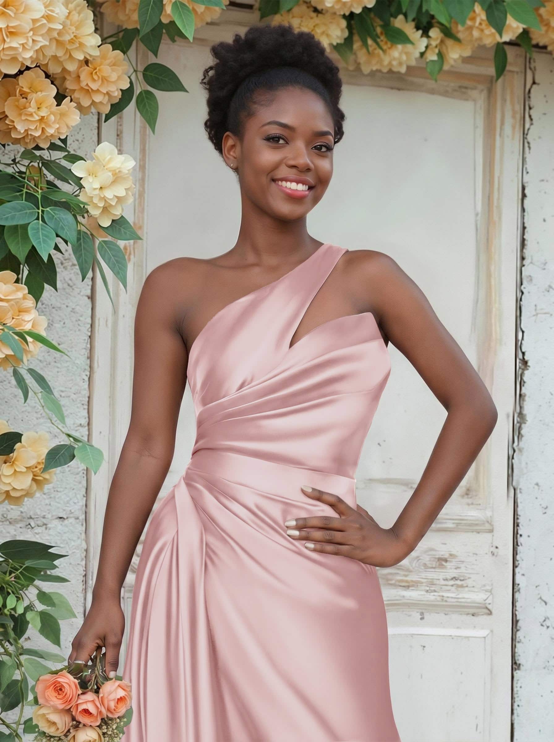 Sheath/Column One-Shoulder Silk Like Satin Bridesmaid Dresses With Ruffle, product image 9