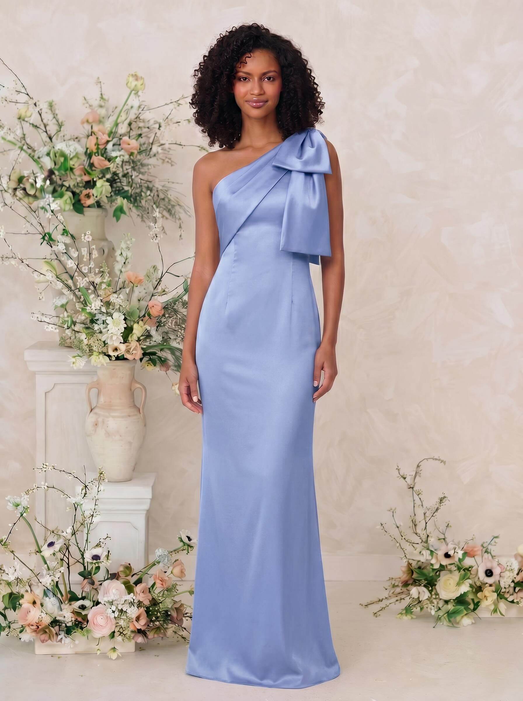 Sheath/Column One-Shoulder Satin Bridesmaid Dresses With Bow(s), product image 27