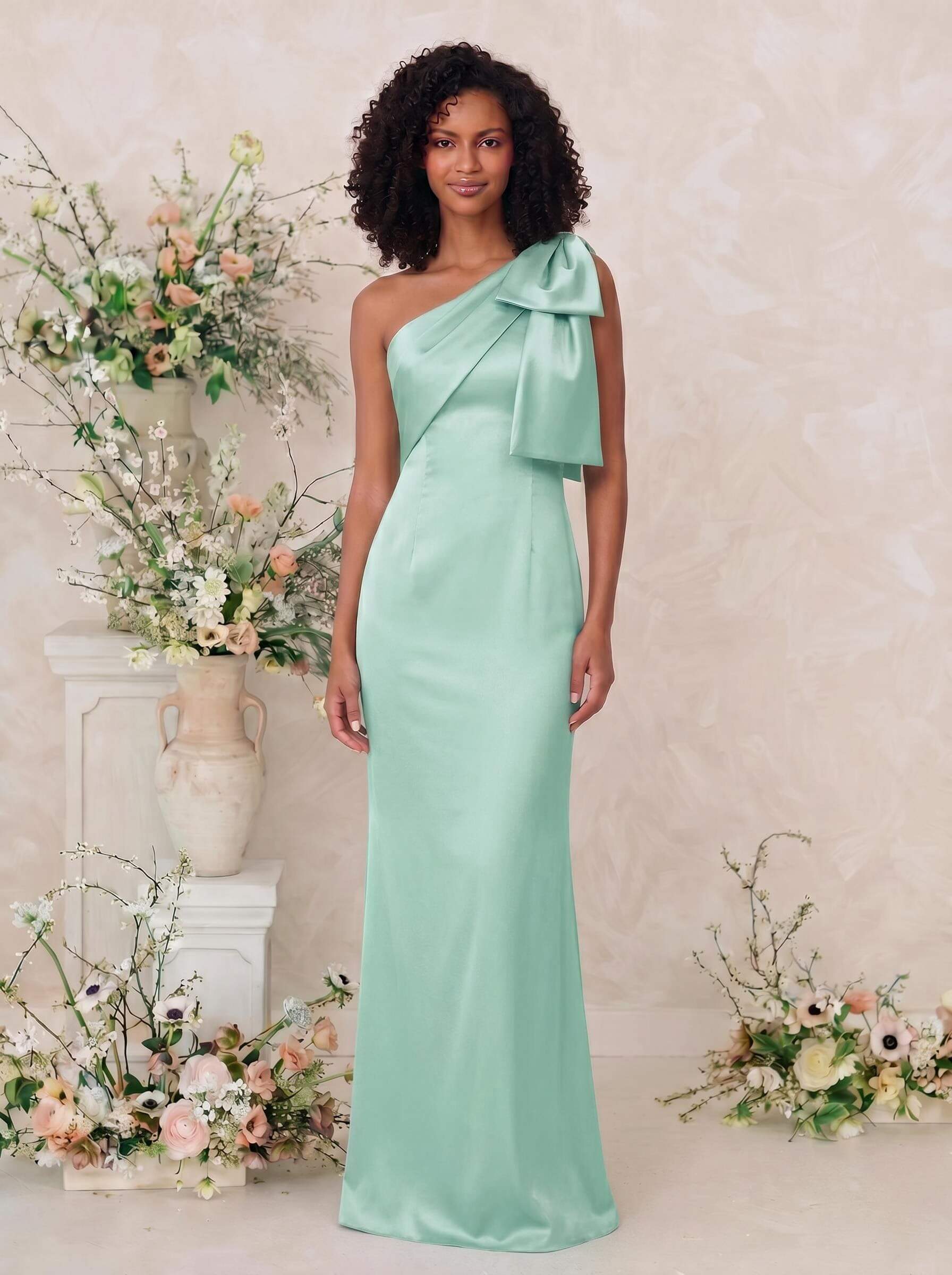 Sheath/Column One-Shoulder Satin Bridesmaid Dresses With Bow(s), product image 99
