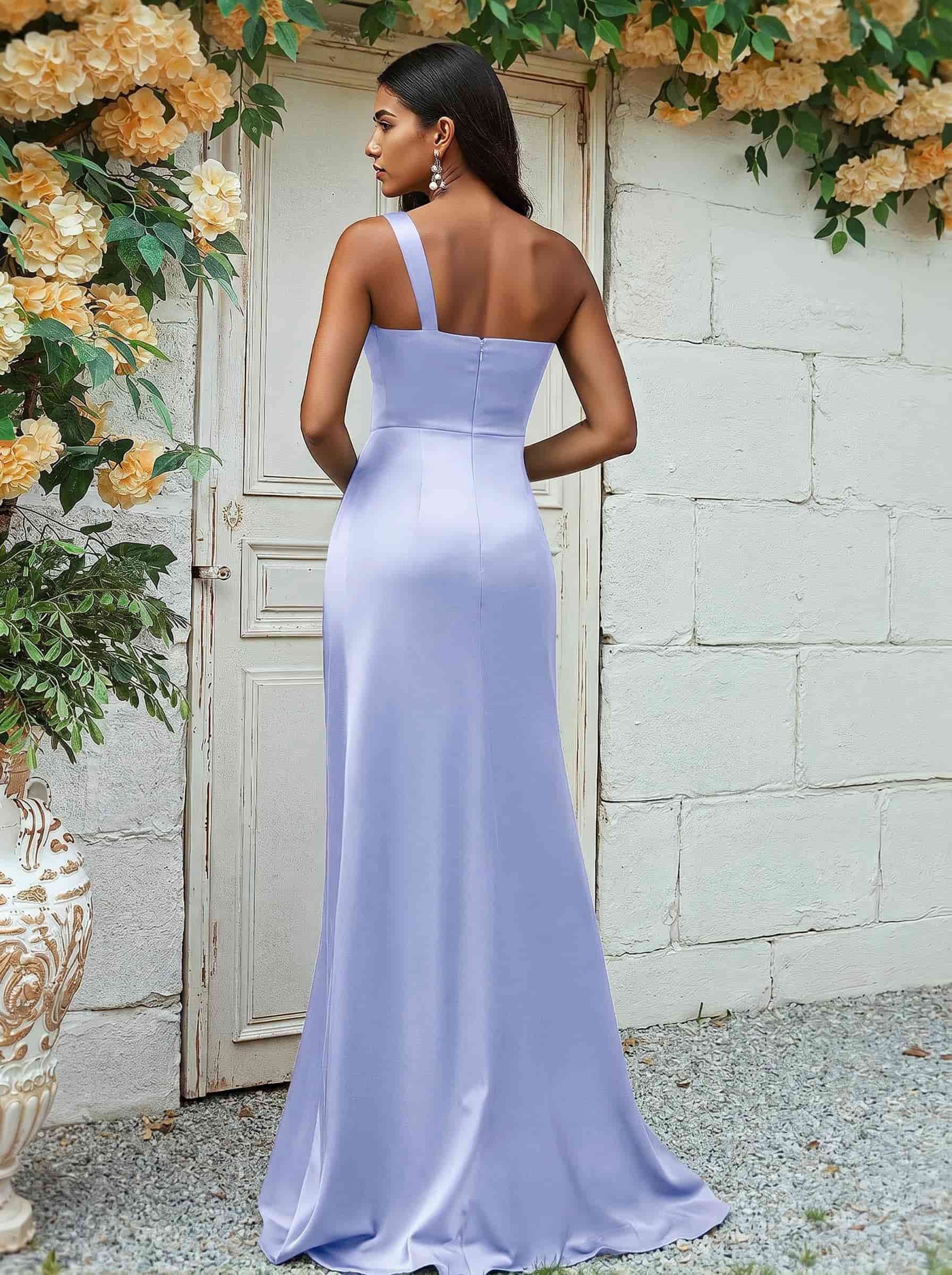 Sheath/Column One-Shoulder Silk Like Satin Bridesmaid Dresses With Ruffle, product image 198