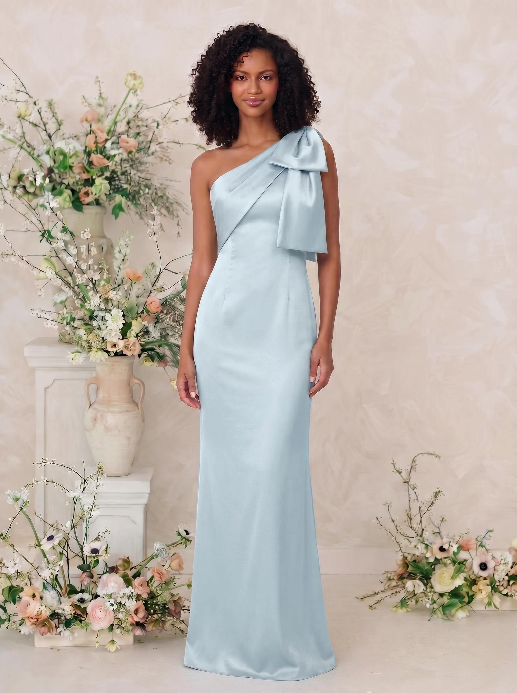 Sheath/Column One-Shoulder Satin Bridesmaid Dresses With Bow(s), product image 101