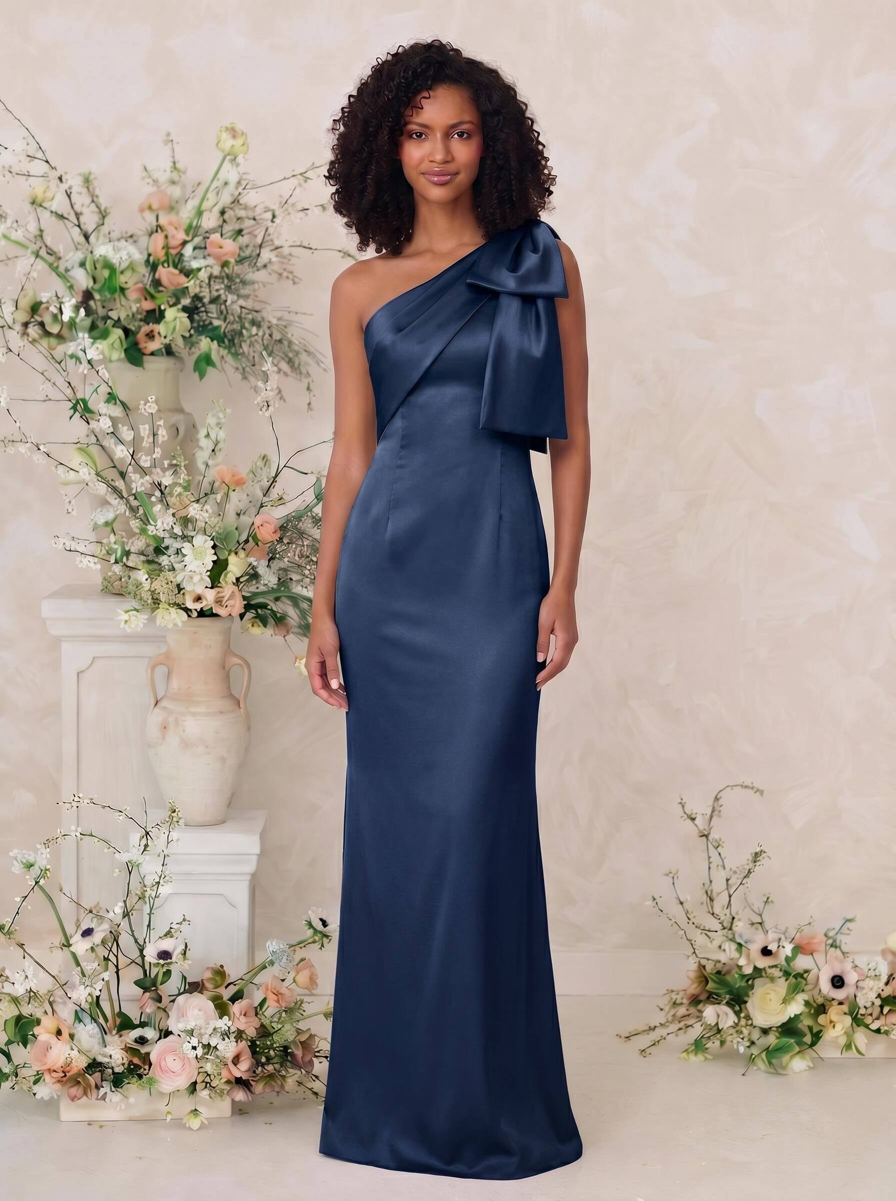 Sheath/Column One-Shoulder Satin Bridesmaid Dresses With Bow(s), product image 9