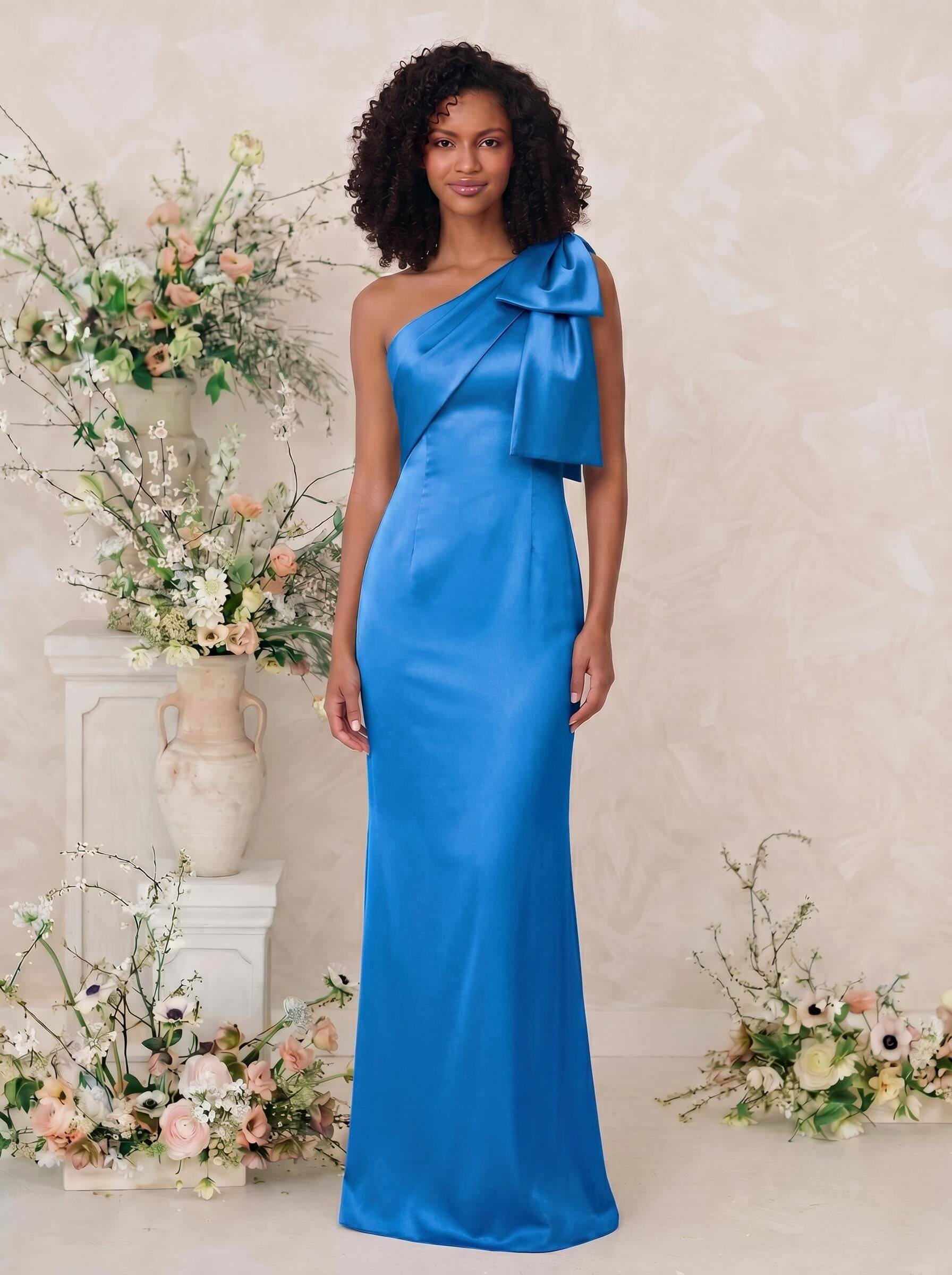 Sheath/Column One-Shoulder Satin Bridesmaid Dresses With Bow(s), product image 25