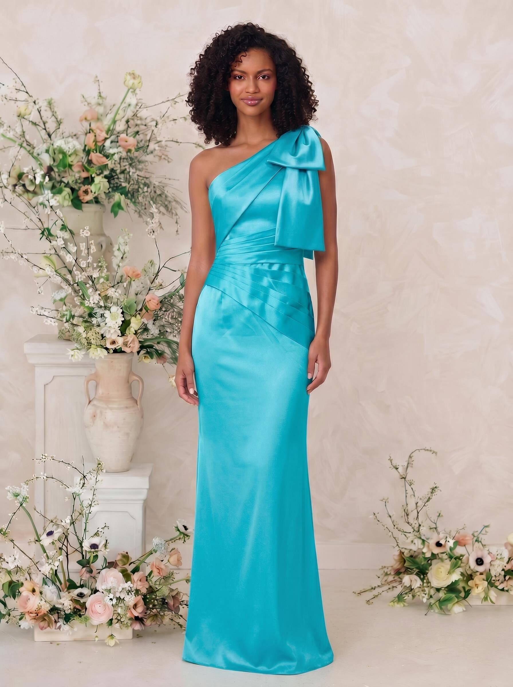 Sheath/Column One-Shoulder Satin Bridesmaid Dresses With Bow(s), product image 23