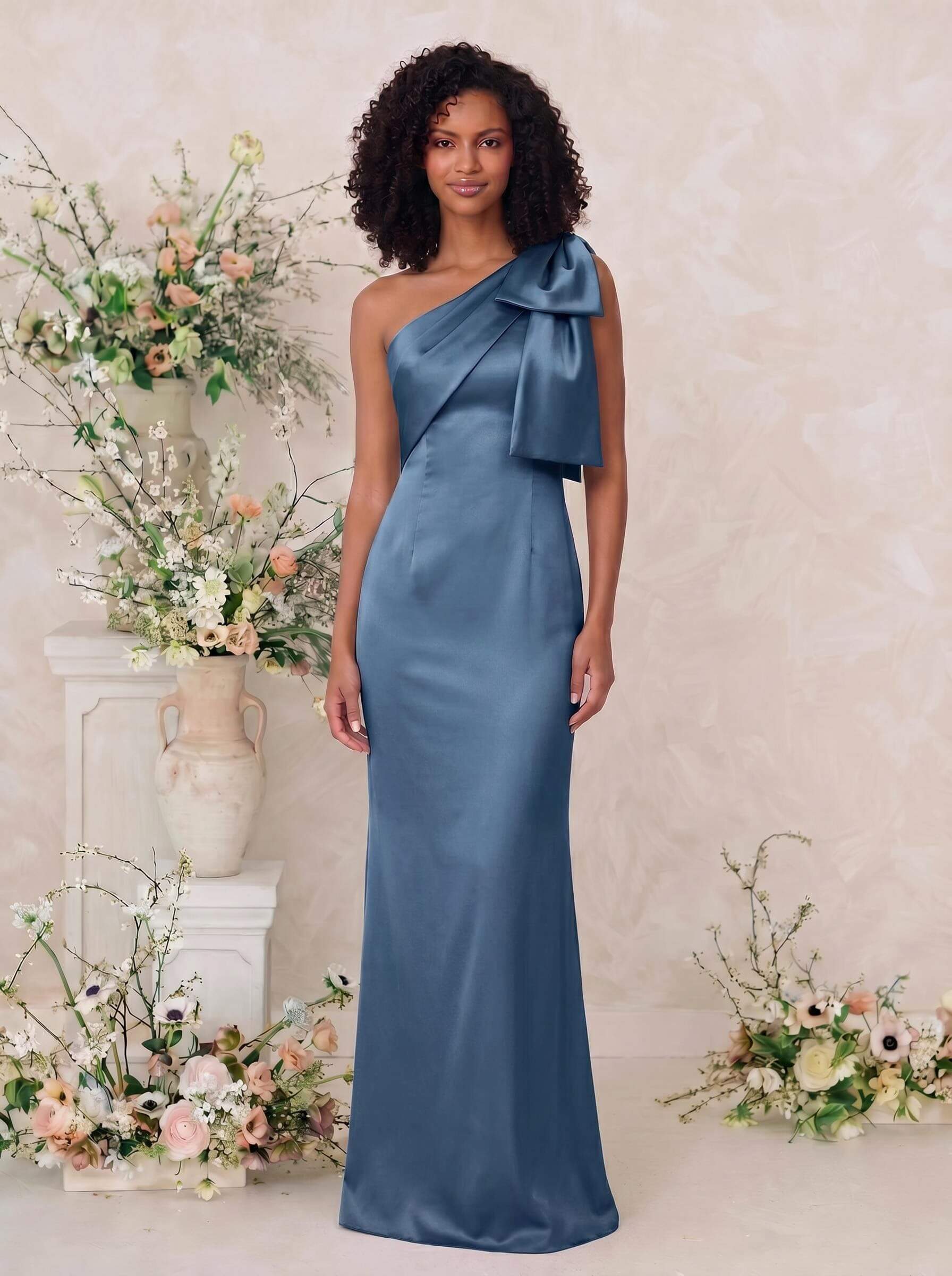 Sheath/Column One-Shoulder Satin Bridesmaid Dresses With Bow(s), product image 13