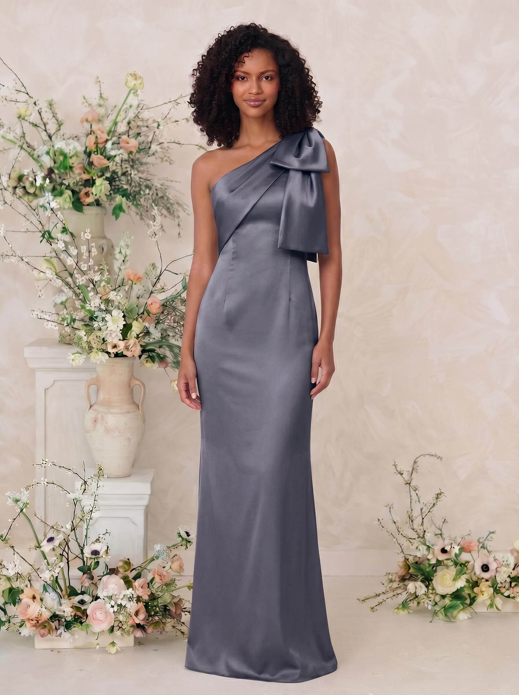 Sheath/Column One-Shoulder Satin Bridesmaid Dresses With Bow(s), product image 15