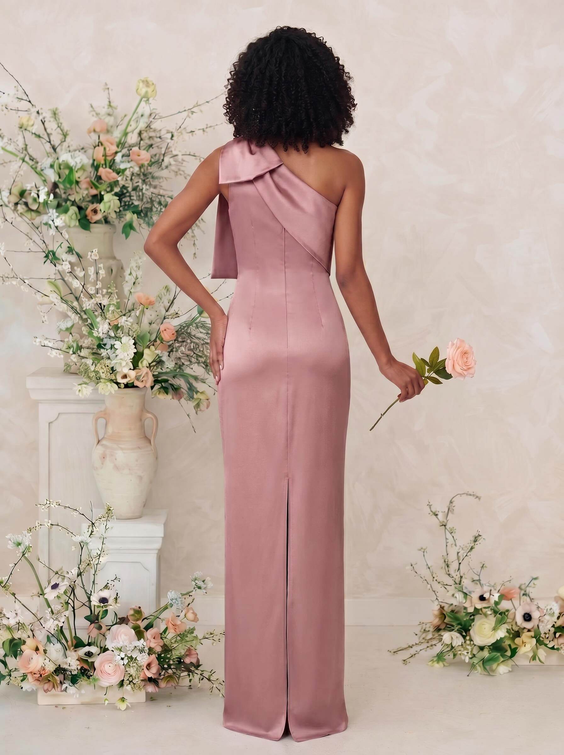 Sheath/Column One-Shoulder Satin Bridesmaid Dresses With Bow(s), product image 36