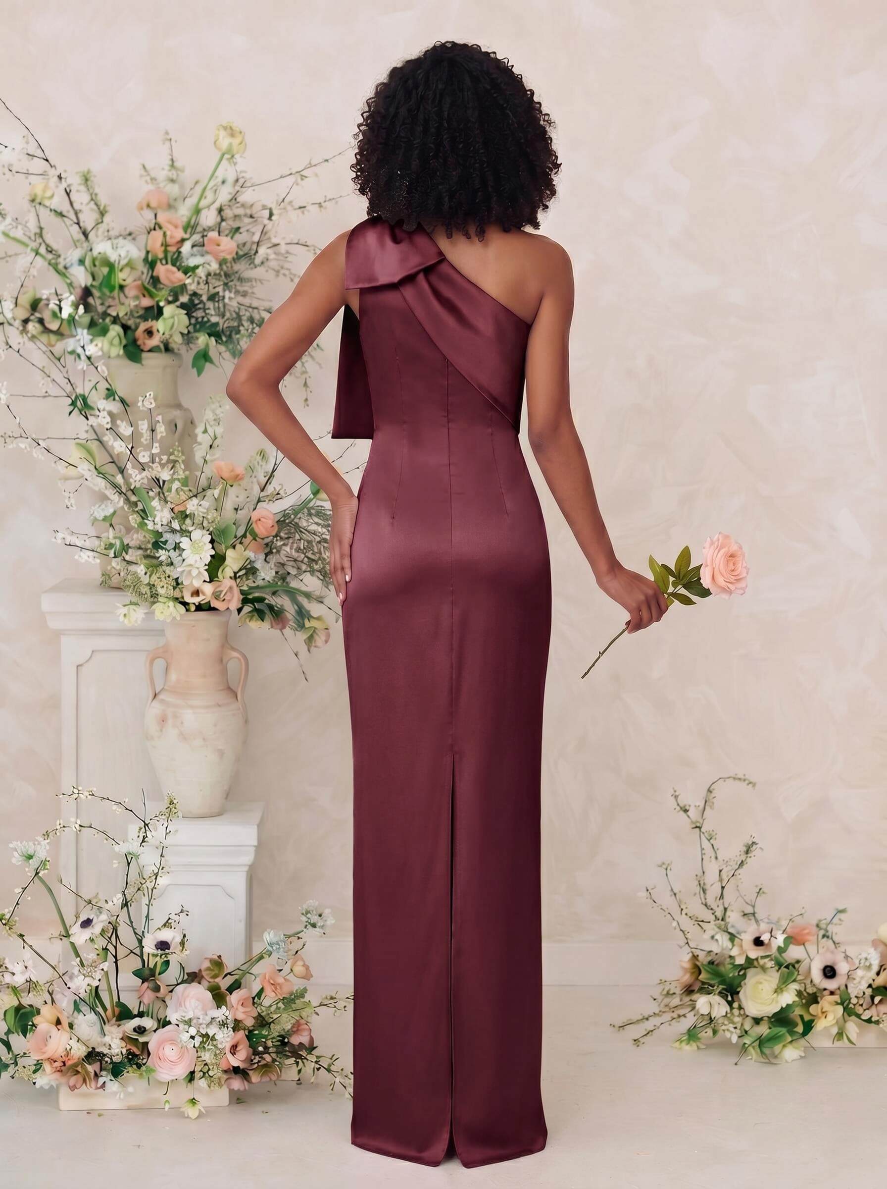 Sheath/Column One-Shoulder Satin Bridesmaid Dresses With Bow(s), product image 50