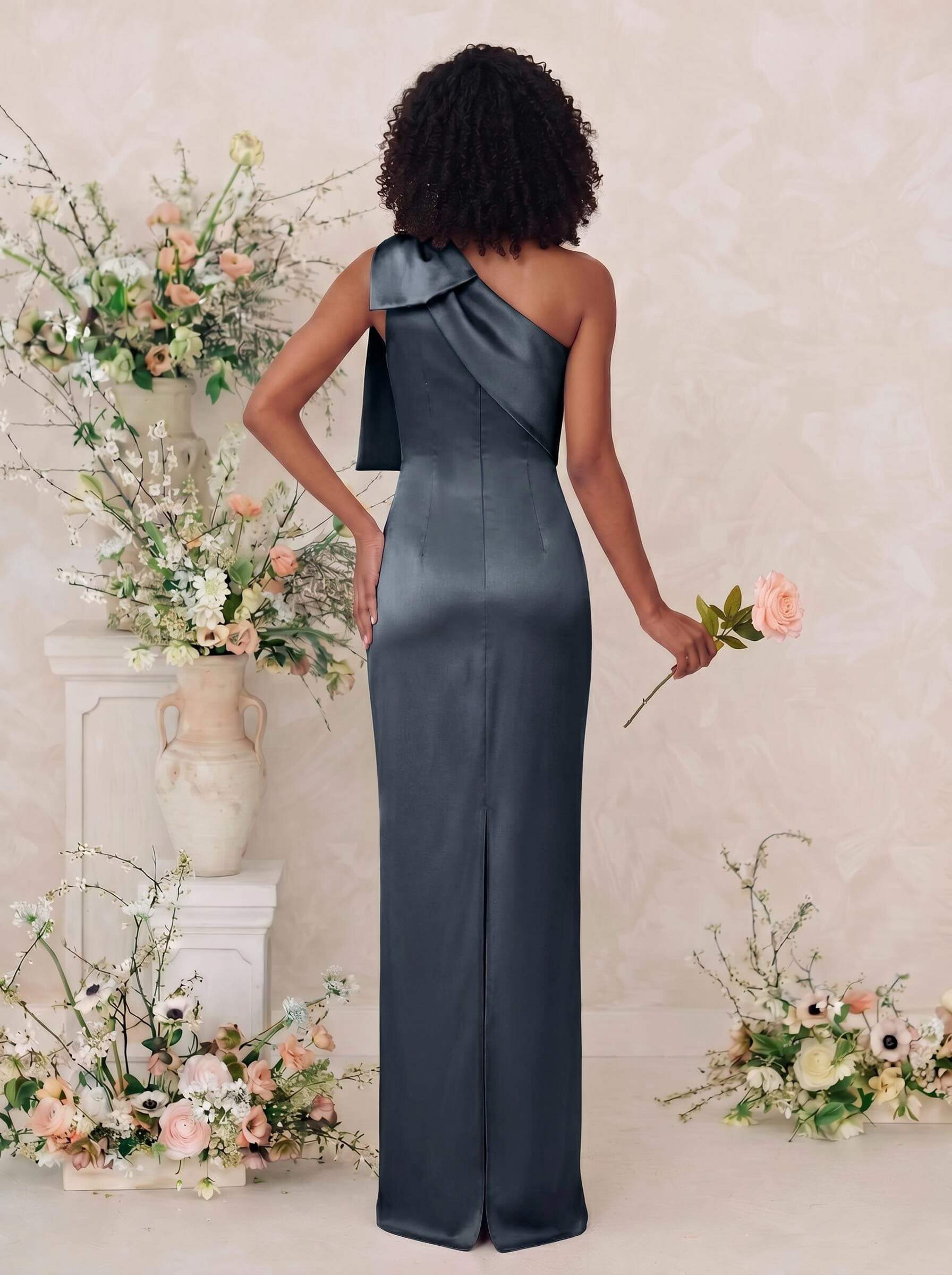 Sheath/Column One-Shoulder Satin Bridesmaid Dresses With Bow(s), product image 8