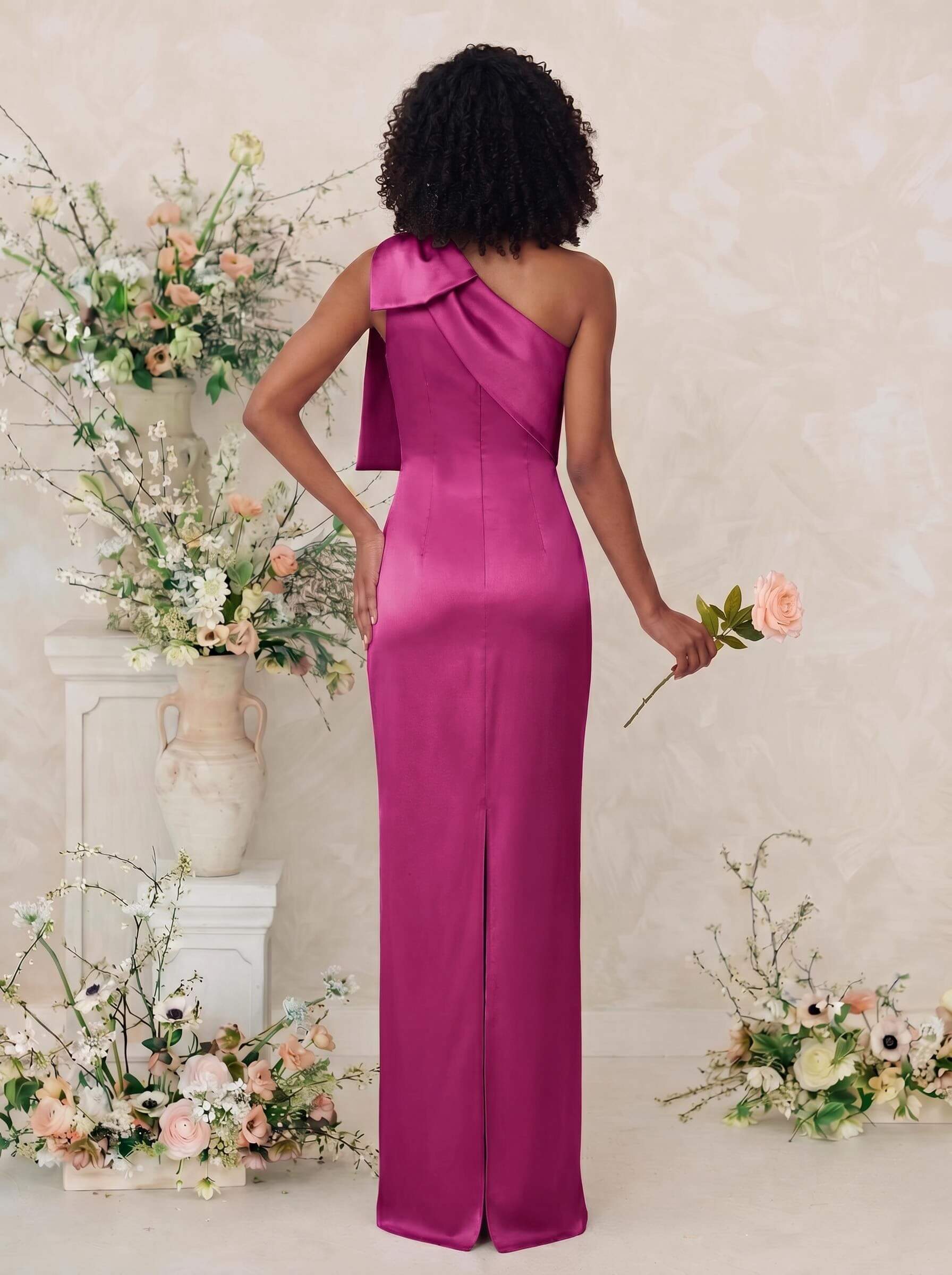 Sheath/Column One-Shoulder Satin Bridesmaid Dresses With Bow(s), product image 30