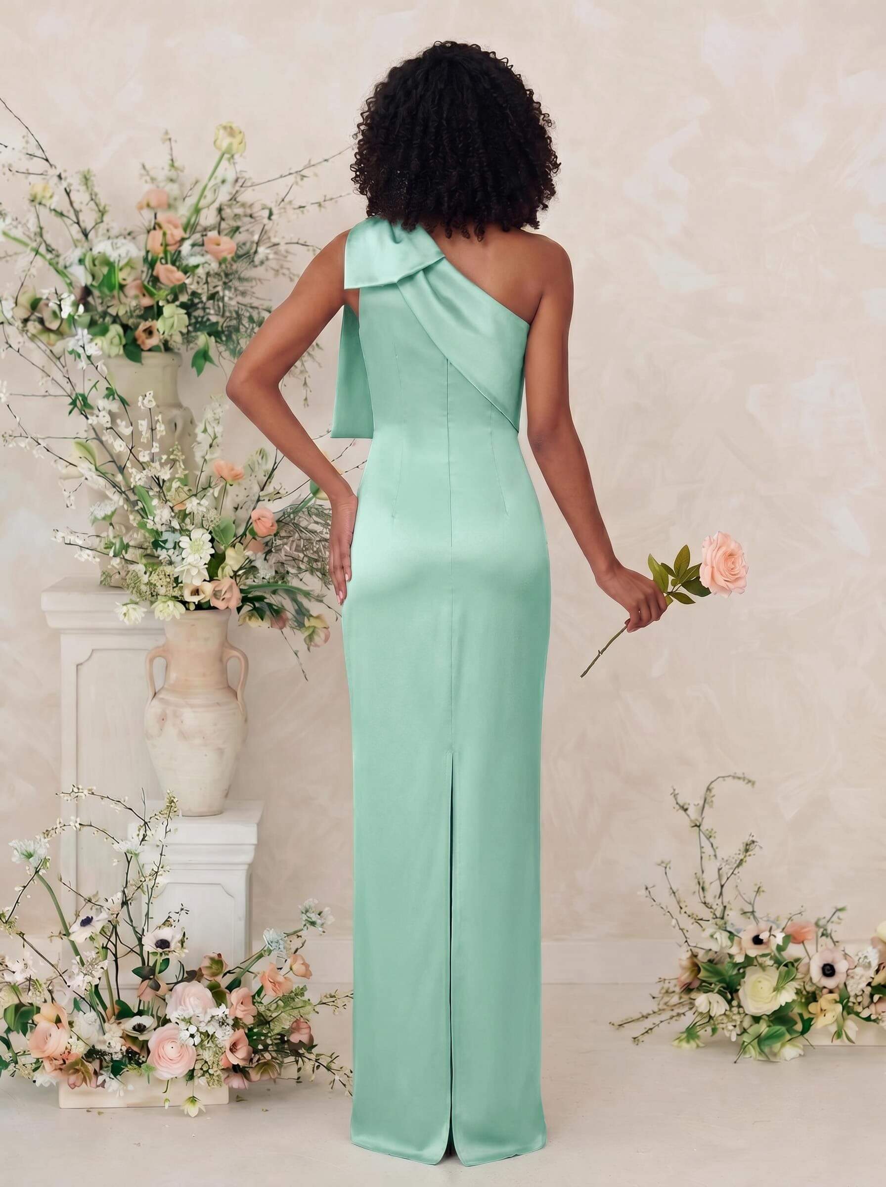 Sheath/Column One-Shoulder Satin Bridesmaid Dresses With Bow(s), product image 100