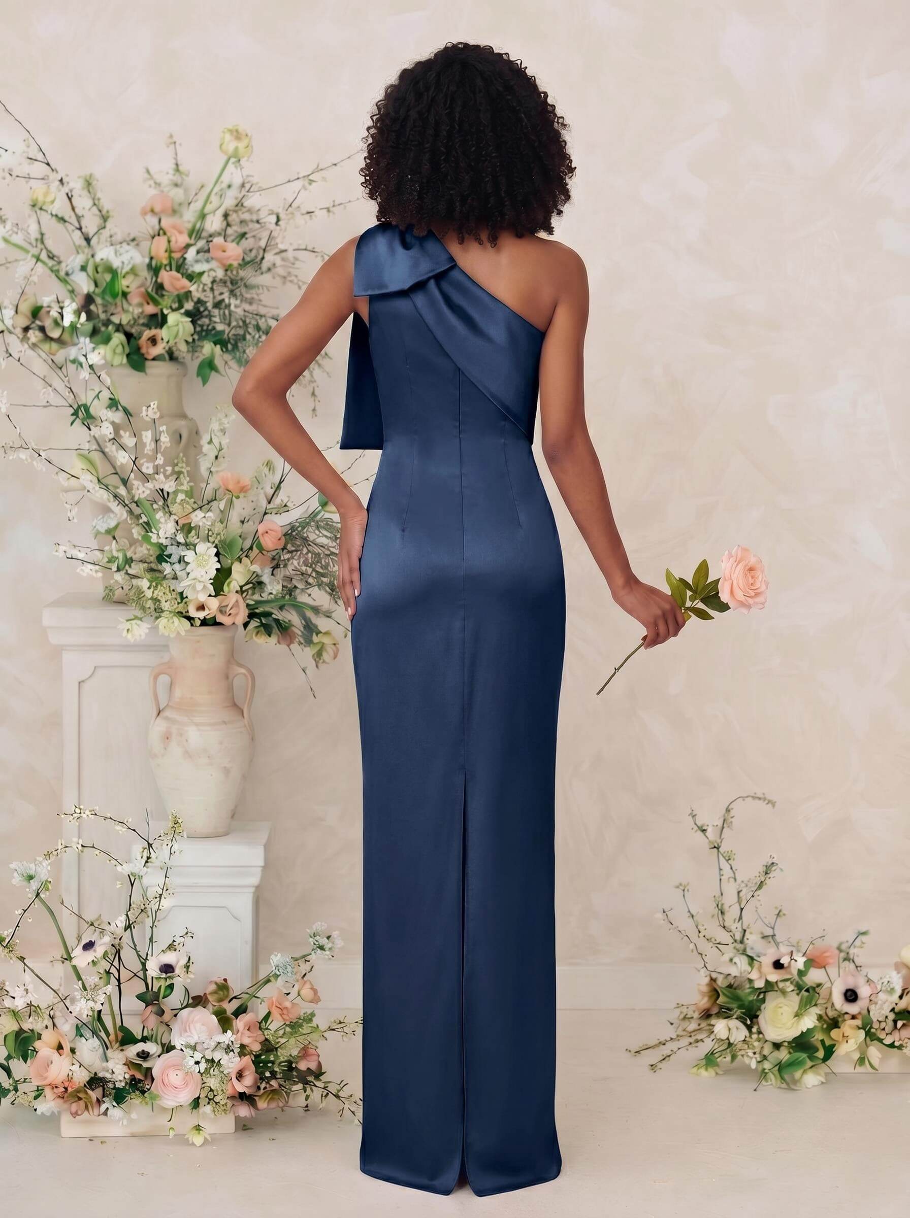 Sheath/Column One-Shoulder Satin Bridesmaid Dresses With Bow(s), product image 10