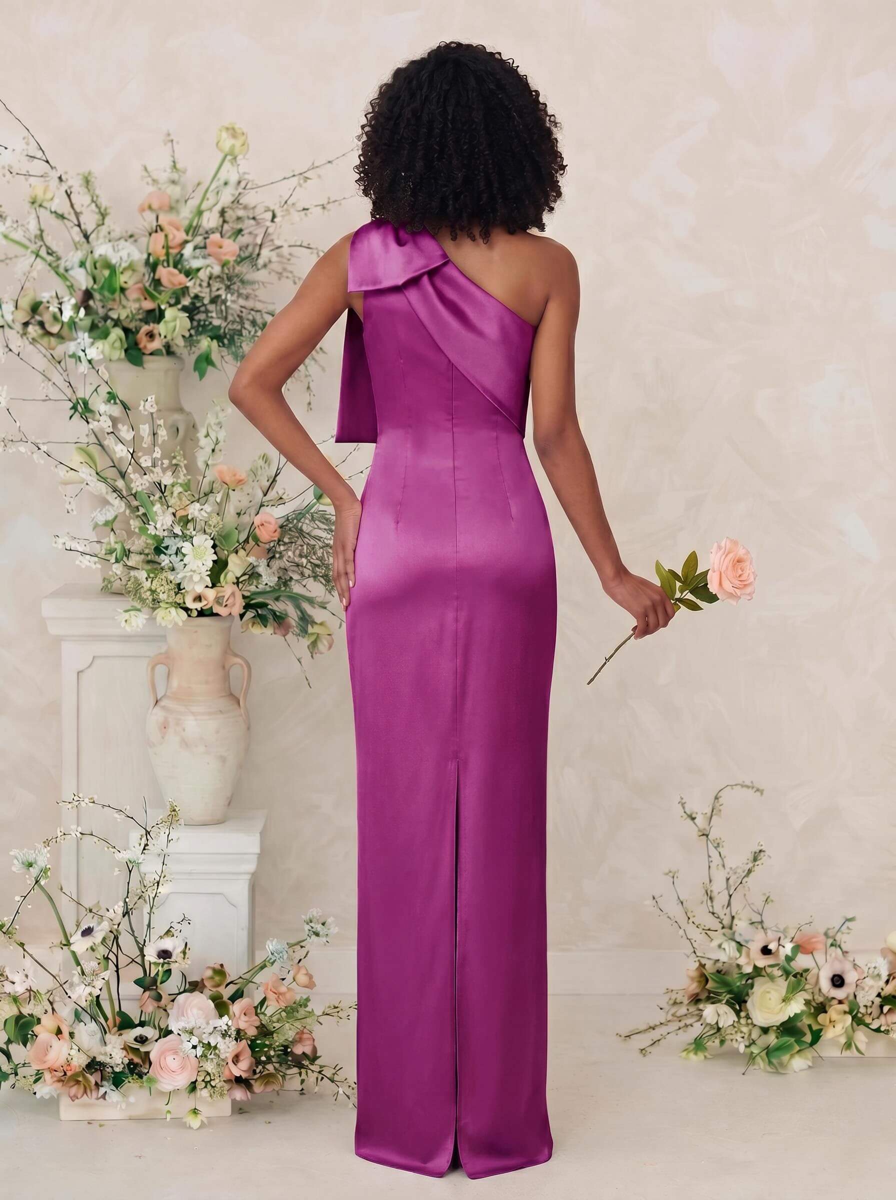 Sheath/Column One-Shoulder Satin Bridesmaid Dresses With Bow(s), product image 60