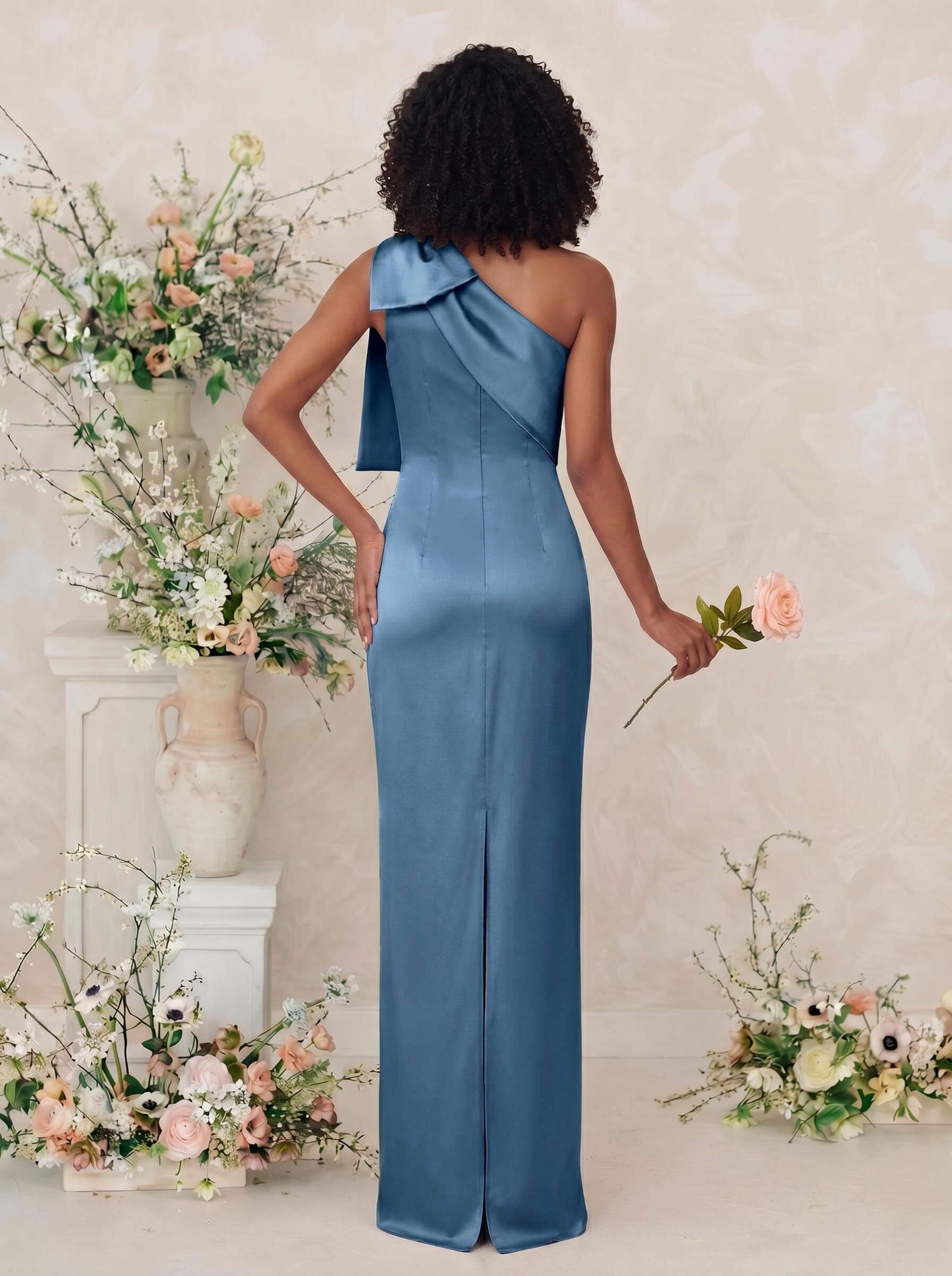 Sheath/Column One-Shoulder Satin Bridesmaid Dresses With Bow(s), product image 14