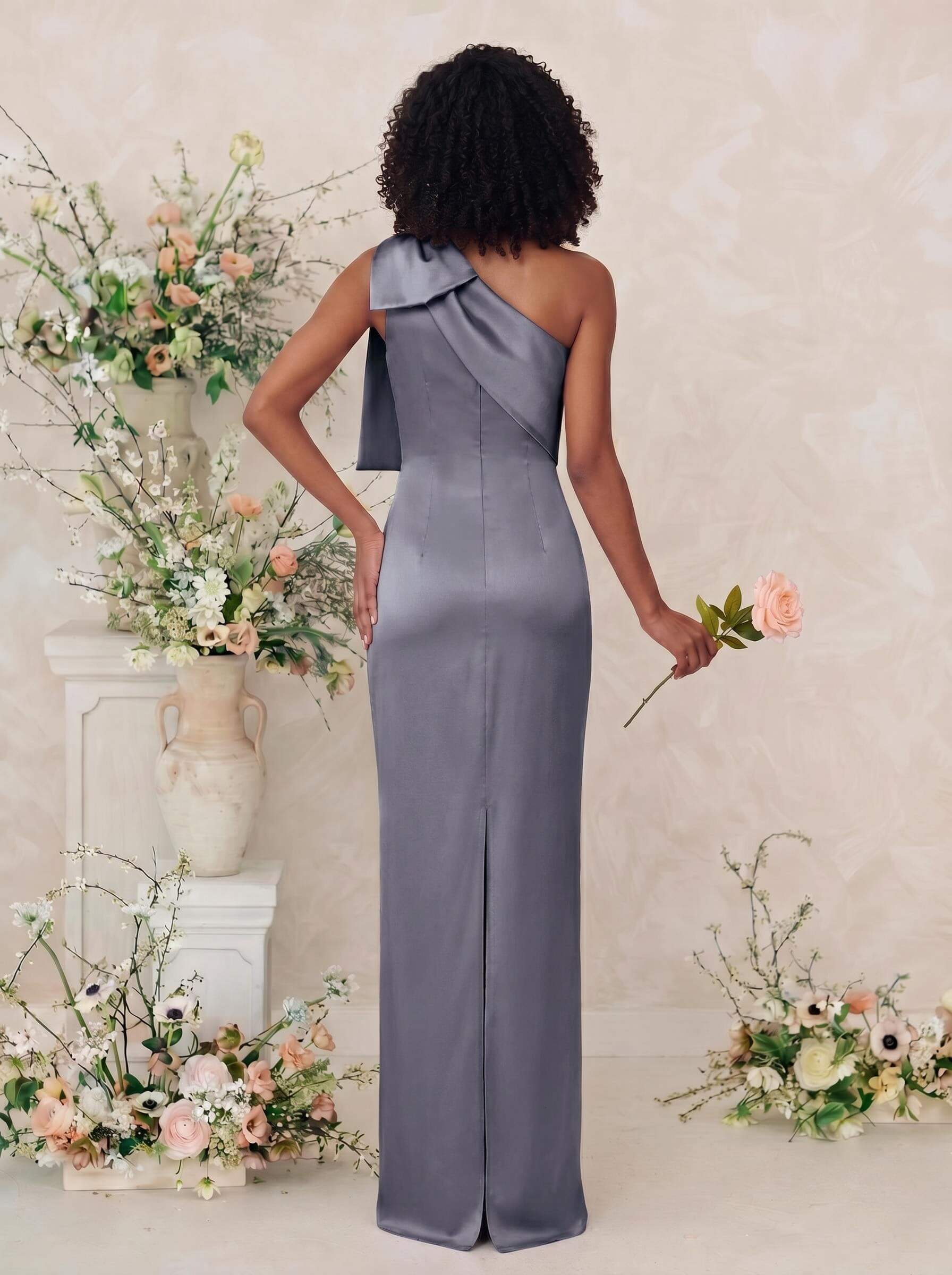 Sheath/Column One-Shoulder Satin Bridesmaid Dresses With Bow(s), product image 16