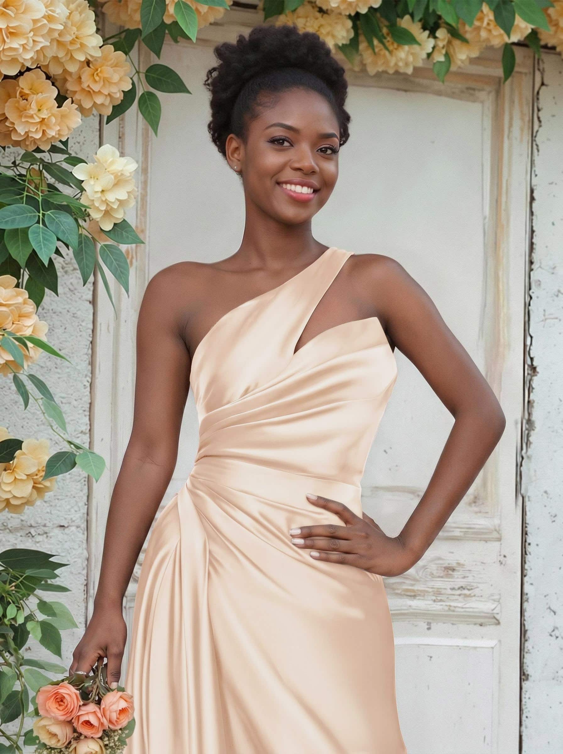 Sheath/Column One-Shoulder Silk Like Satin Bridesmaid Dresses With Ruffle, product image 234