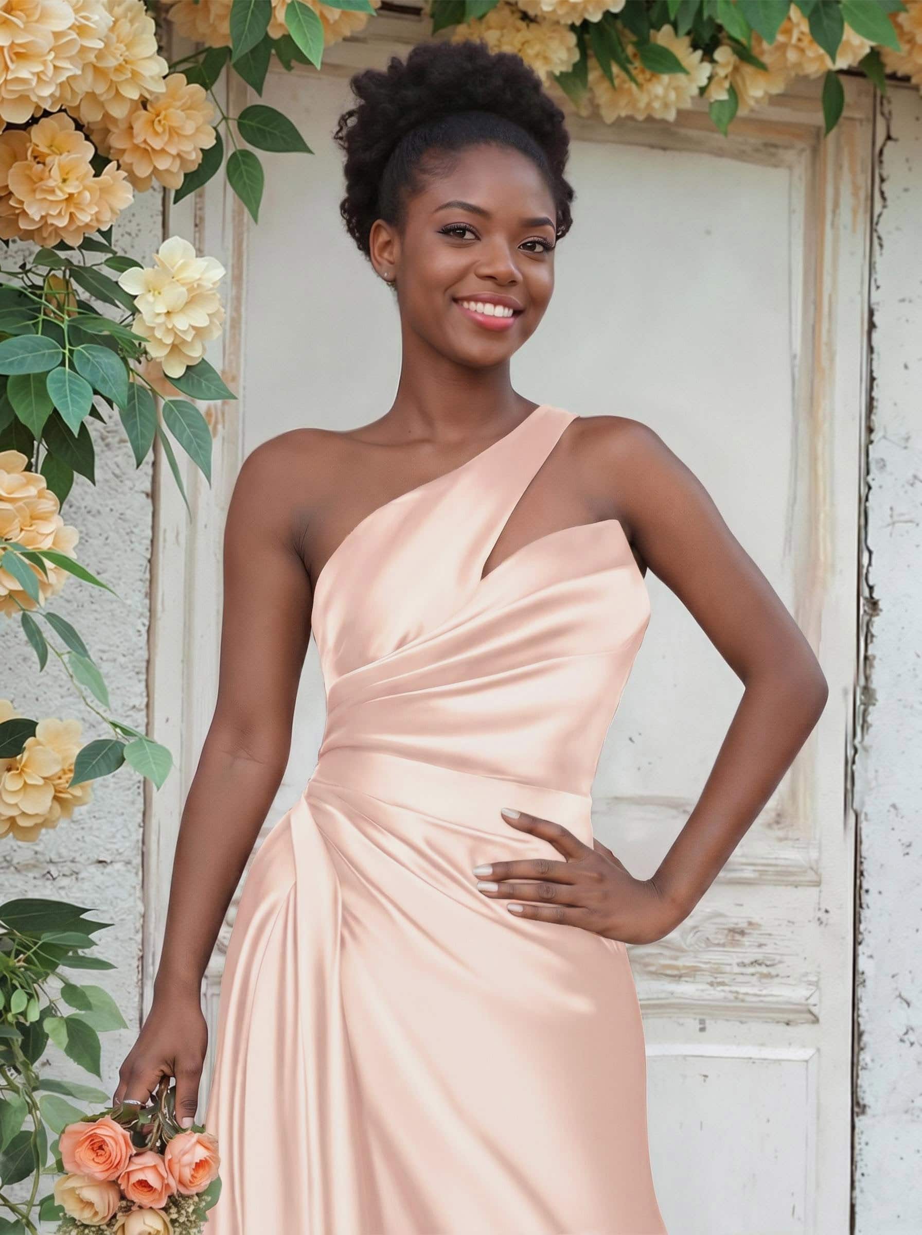 Sheath/Column One-Shoulder Silk Like Satin Bridesmaid Dresses With Ruffle, product image 89