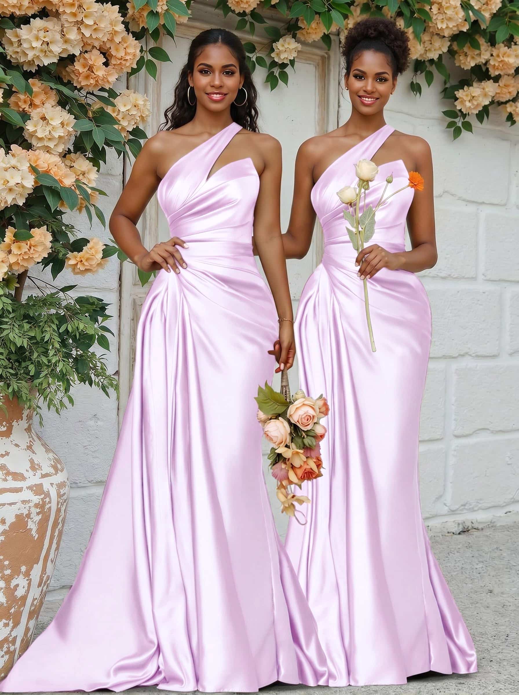 Sheath/Column One-Shoulder Silk Like Satin Bridesmaid Dresses With Ruffle, product image 72