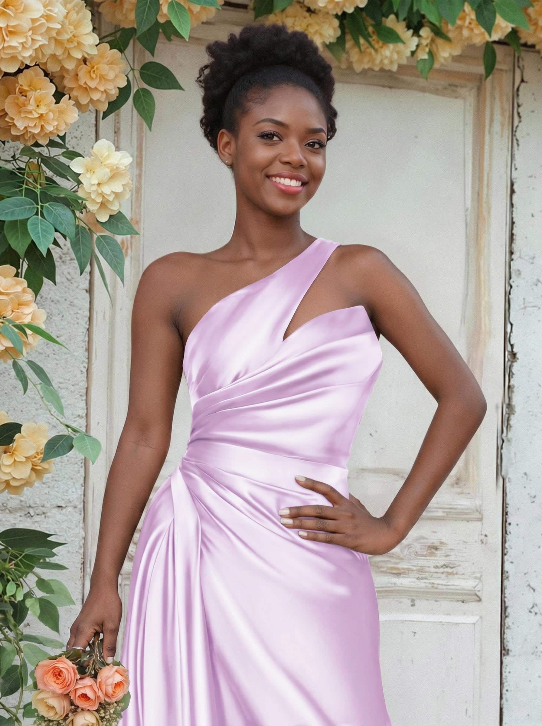 Sheath/Column One-Shoulder Silk Like Satin Bridesmaid Dresses With Ruffle, product image 74