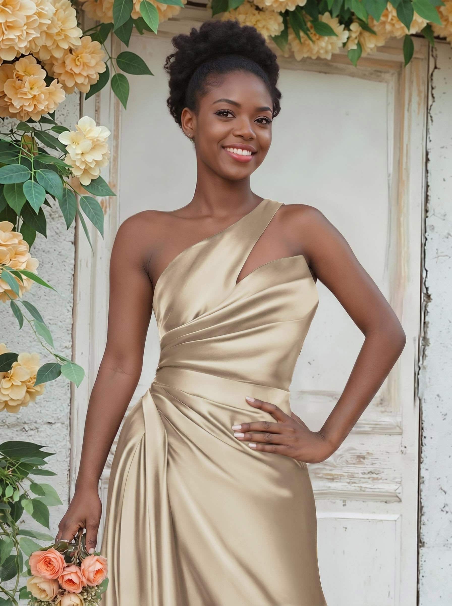 Sheath/Column One-Shoulder Silk Like Satin Bridesmaid Dresses With Ruffle, product image 144