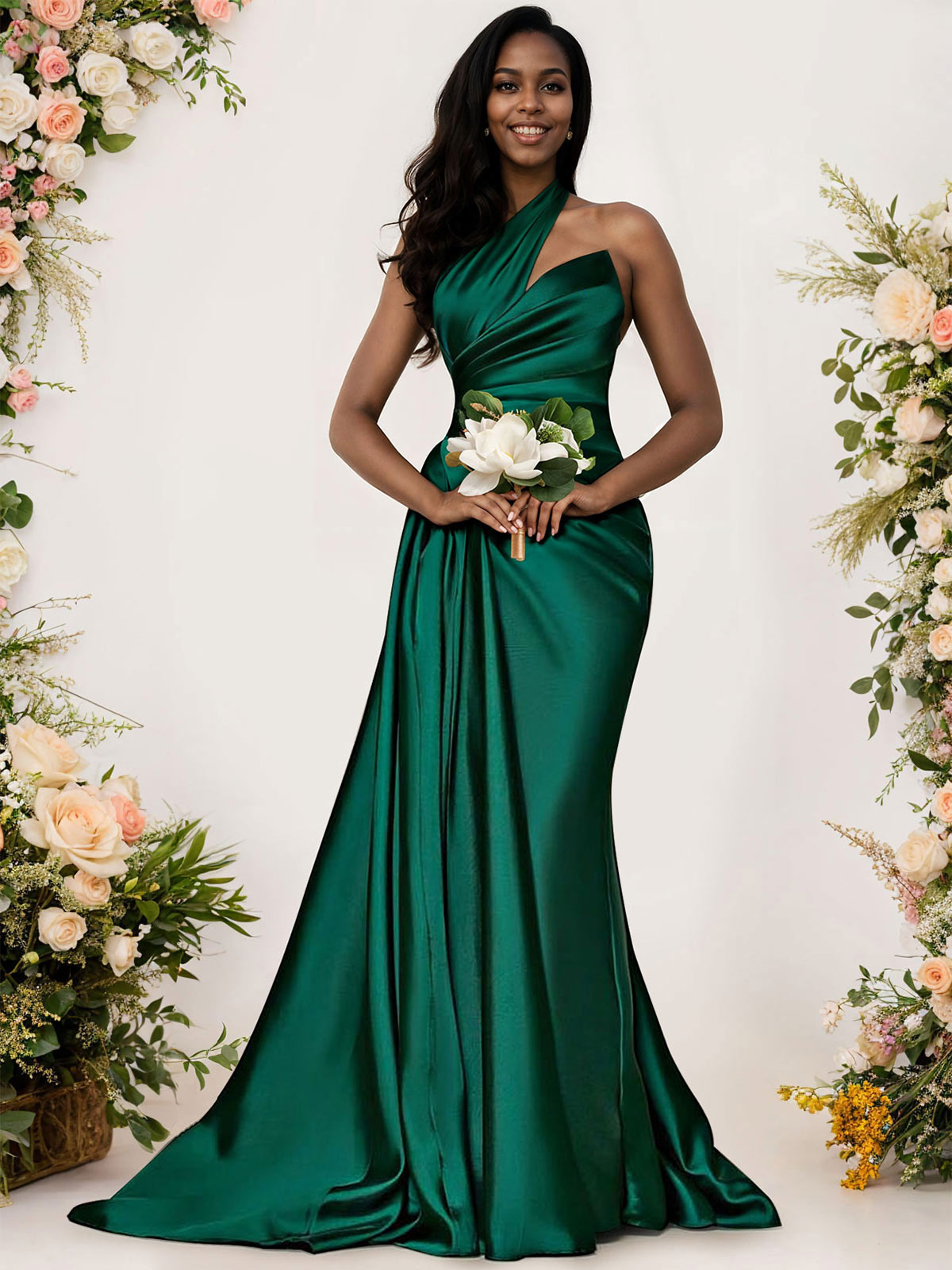 Sheath/Column One-Shoulder Silk Like Satin Bridesmaid Dresses With Ruffle, product image 1