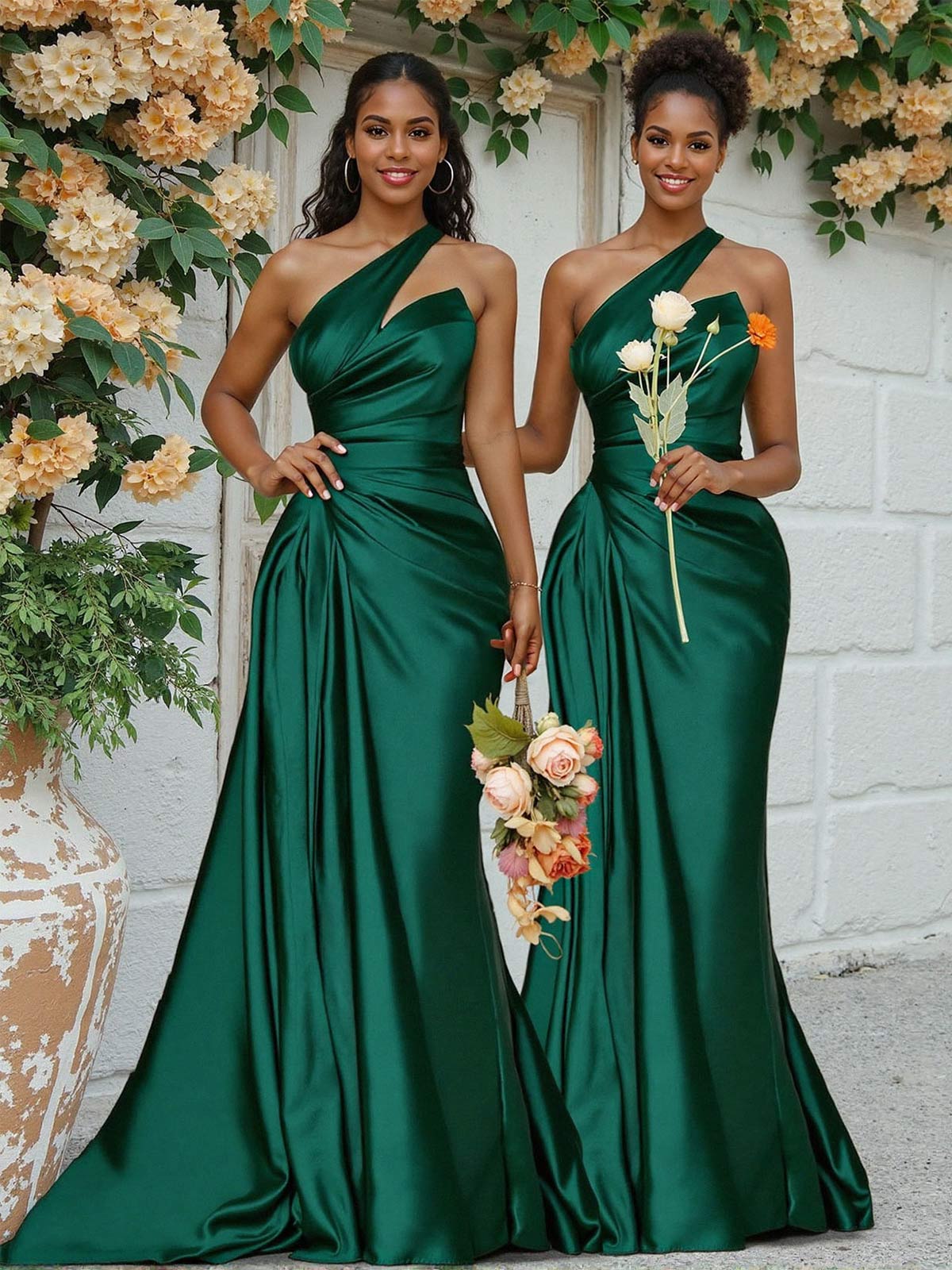 Sheath/Column One-Shoulder Silk Like Satin Bridesmaid Dresses With Ruffle, product image 2