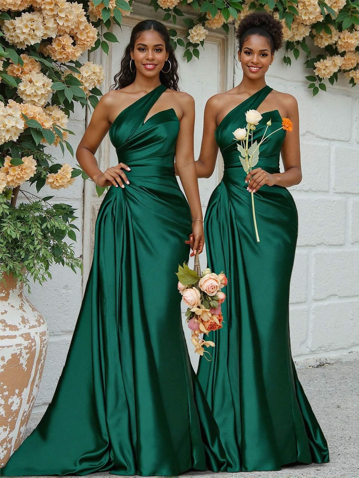 Sheath/Column One-Shoulder Silk Like Satin Bridesmaid Dresses With Ruffle, product image 2