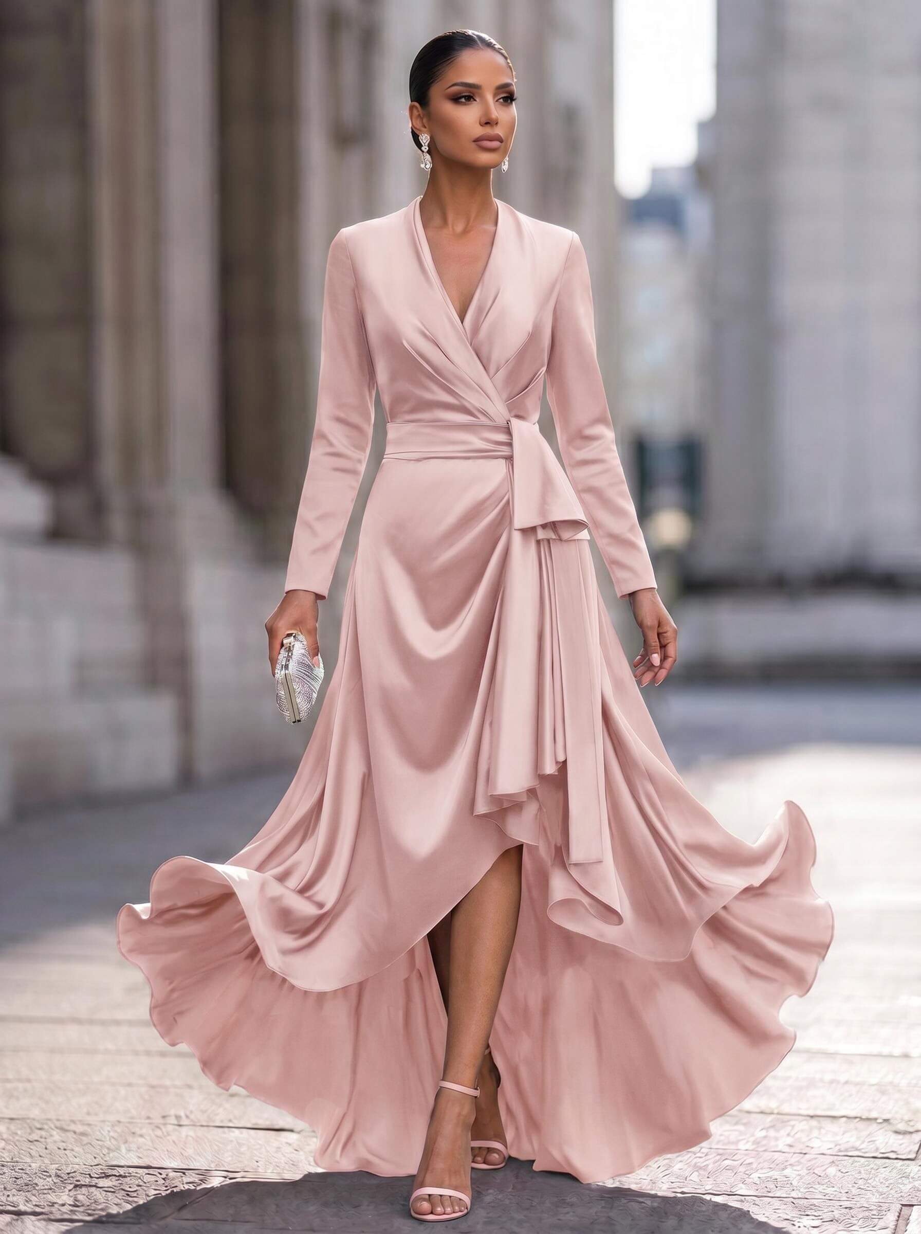 A-Line V-Neck Long Sleeves Asymmetrical Acetate Satin Mother Of The Bride Dresses With Ruffle
