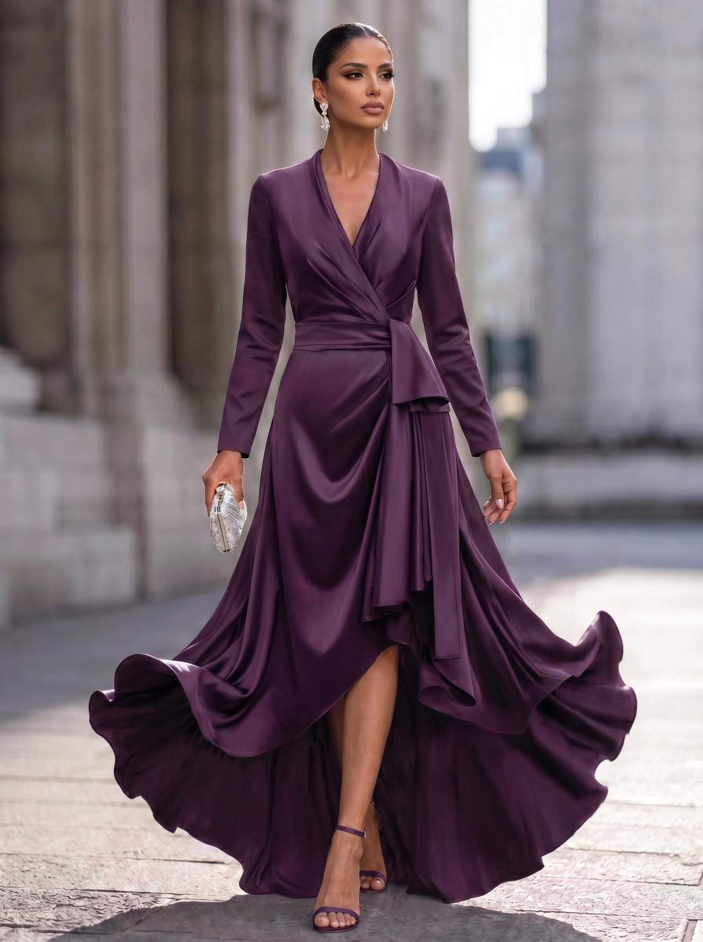 A-Line V-Neck Long Sleeves Asymmetrical Acetate Satin Mother Of The Bride Dresses With Ruffle