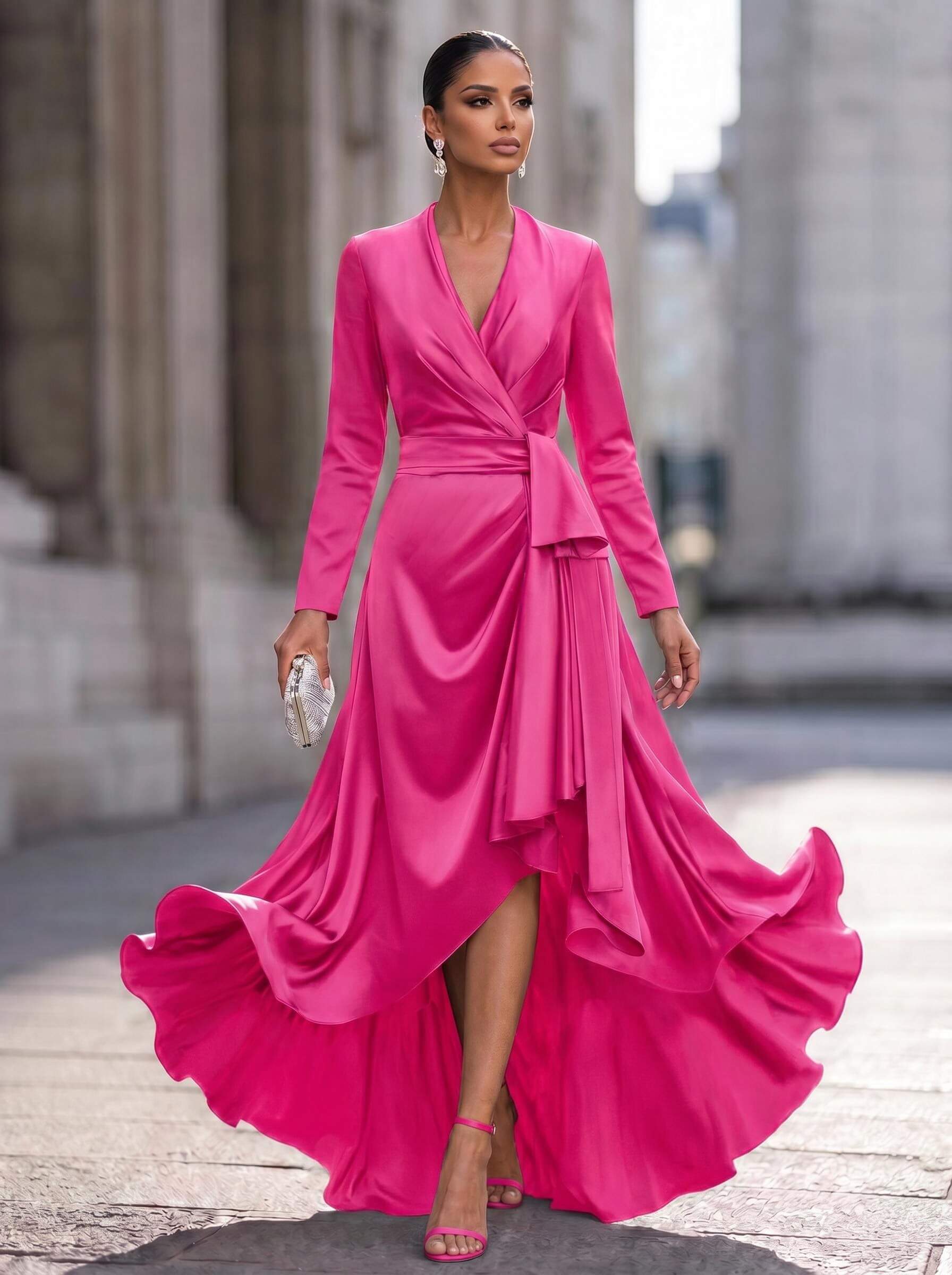 A-Line V-Neck Long Sleeves Asymmetrical Acetate Satin Mother Of The Bride Dresses With Ruffle